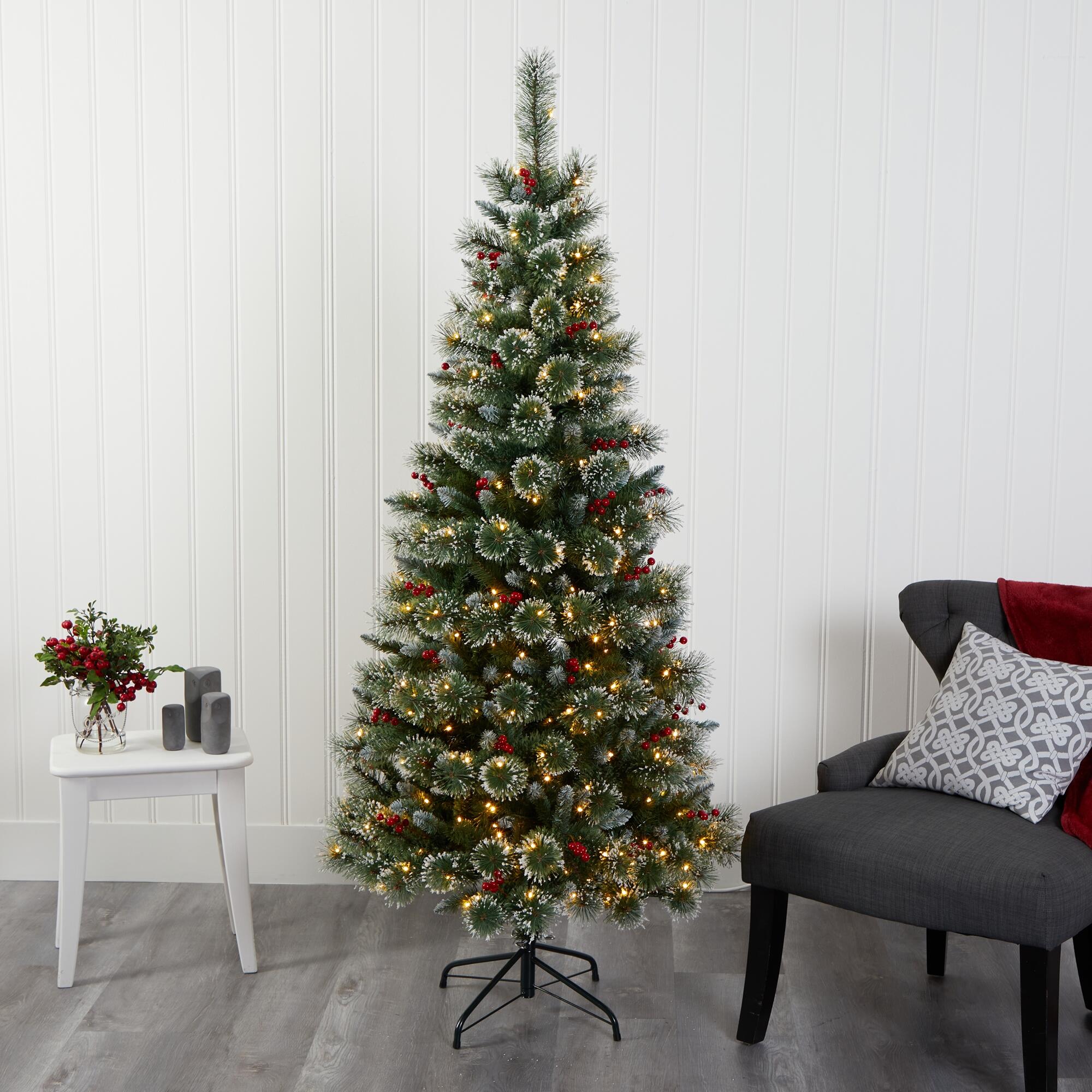 Nearly Natural 6' Frosted Swiss Pine Artificial Christmas Tree with 300 Clear LED Lights and Berries, , rollover
