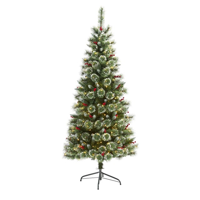 Nearly Natural 6' Frosted Swiss Pine Artificial Christmas Tree with 300 Clear LED Lights and Berries, Green