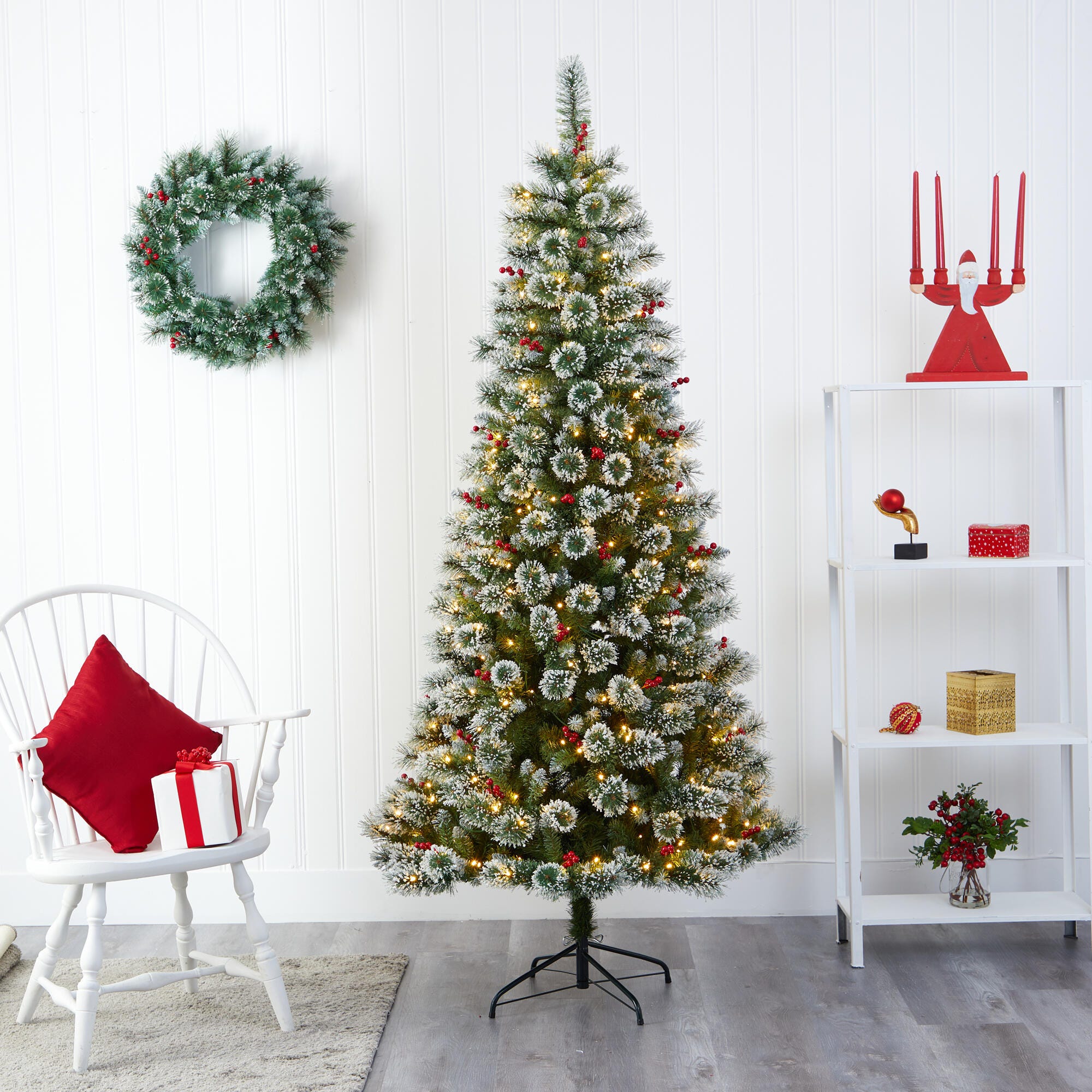 Nearly Natural 7' Frosted Swiss Pine Artificial Christmas Tree with 400 Clear LED Lights and Berries, , rollover