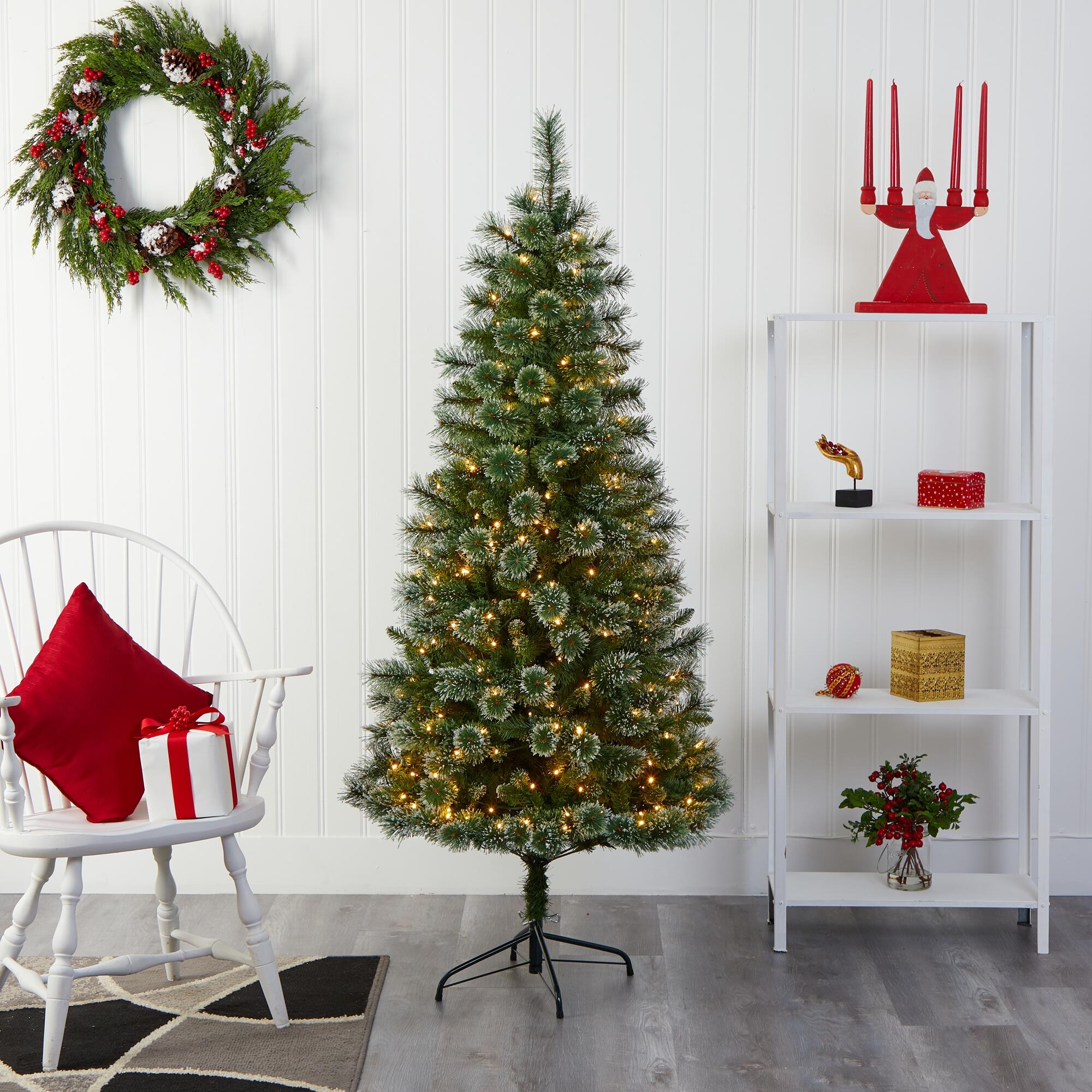 Nearly Natural 6' Wisconsin Slim Snow Tip Pine Artificial Christmas Tree with 300 Clear LED Lights, , rollover