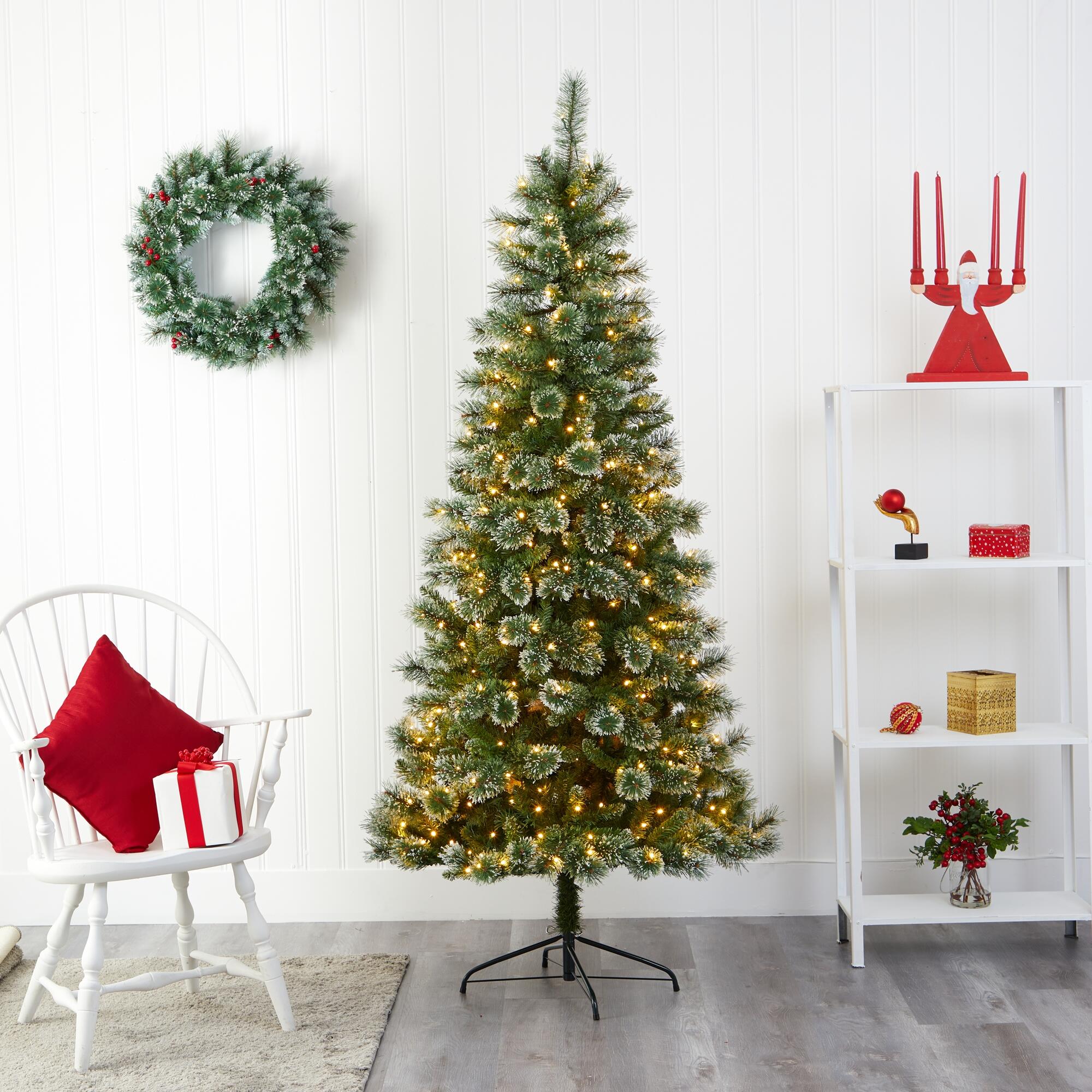 Nearly Natural 7' Wisconsin Slim Snow Tip Pine Artificial Christmas Tree with 400 Clear LED Lights, , rollover