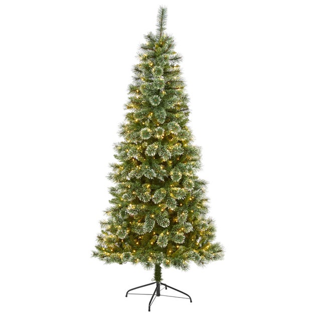 Nearly Natural 7' Wisconsin Slim Snow Tip Pine Artificial Christmas Tree with 400 Clear LED Lights, Green