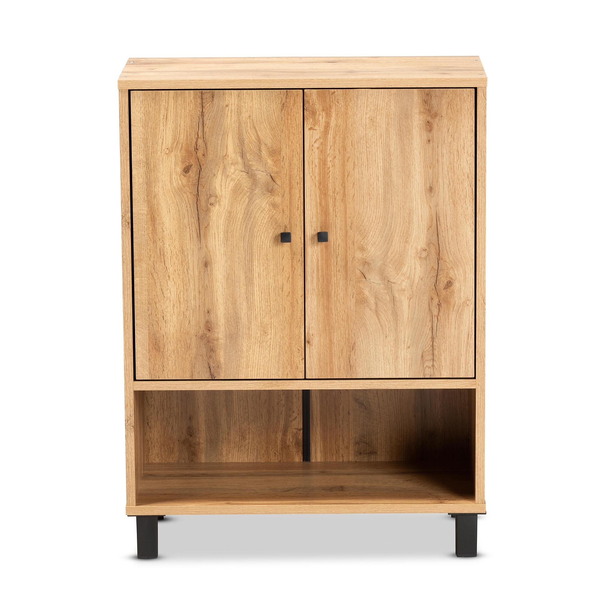 Baxton Studio Rossin 2-Door Shoe Cabinet with Bottom Shelf, Warm Oak, large