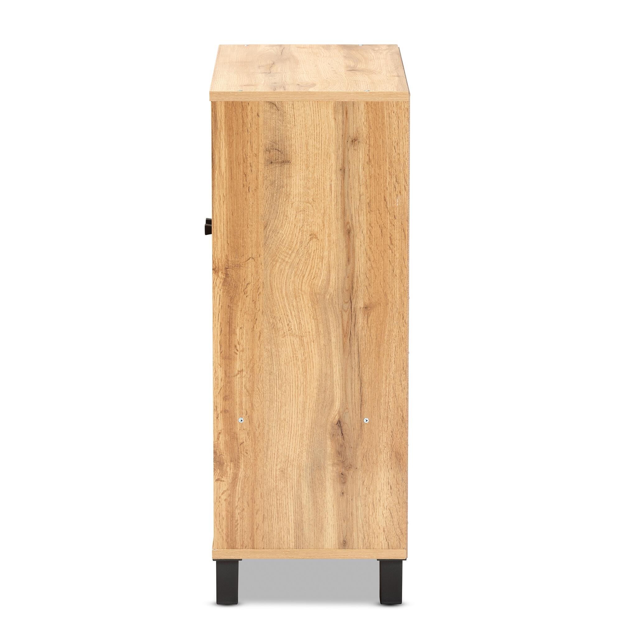 Baxton Studio Rossin 2-Door Shoe Cabinet with Bottom Shelf, Warm Oak, large