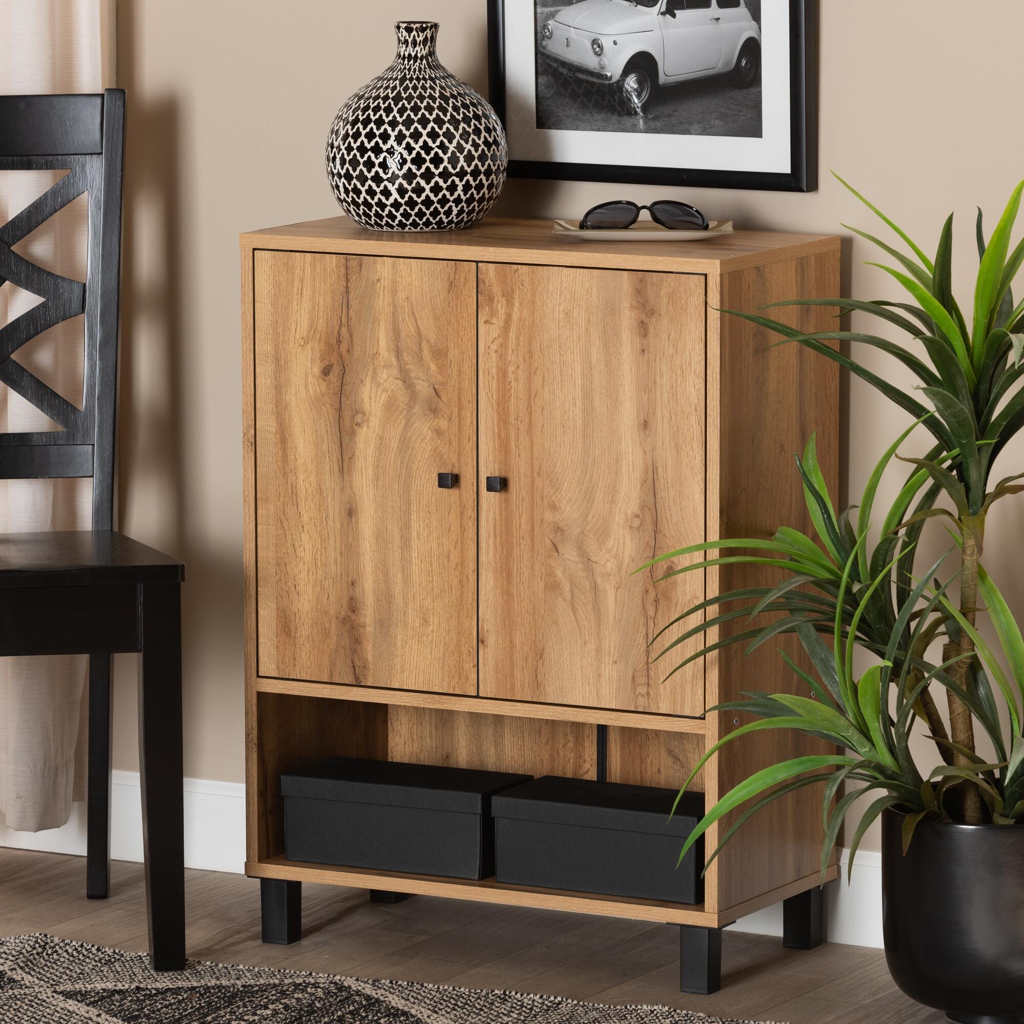 Baxton Studio Rossin 2-Door Shoe Cabinet with Bottom Shelf, Warm Oak, large