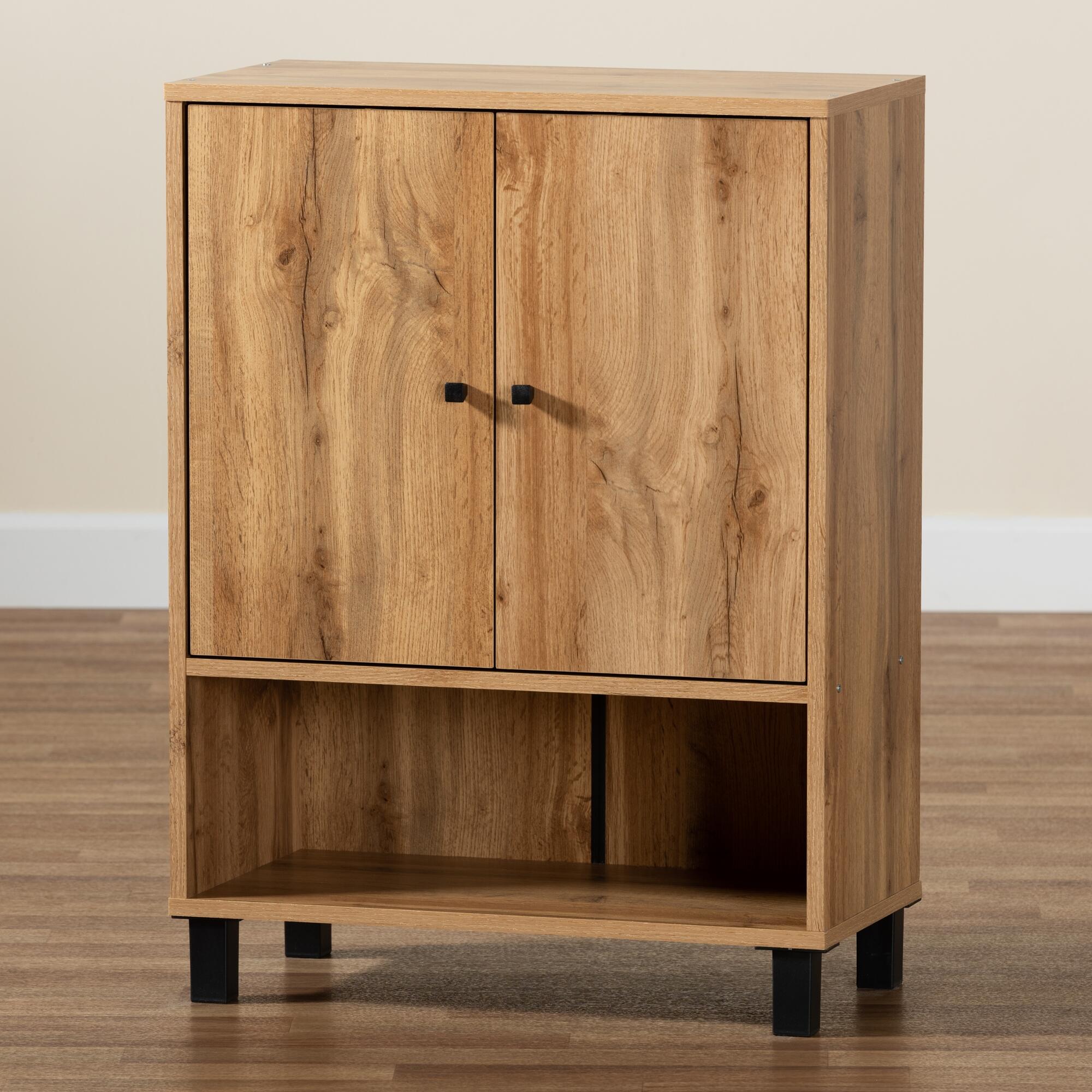 Baxton Studio Rossin 2-Door Shoe Cabinet with Bottom Shelf, Warm Oak, large
