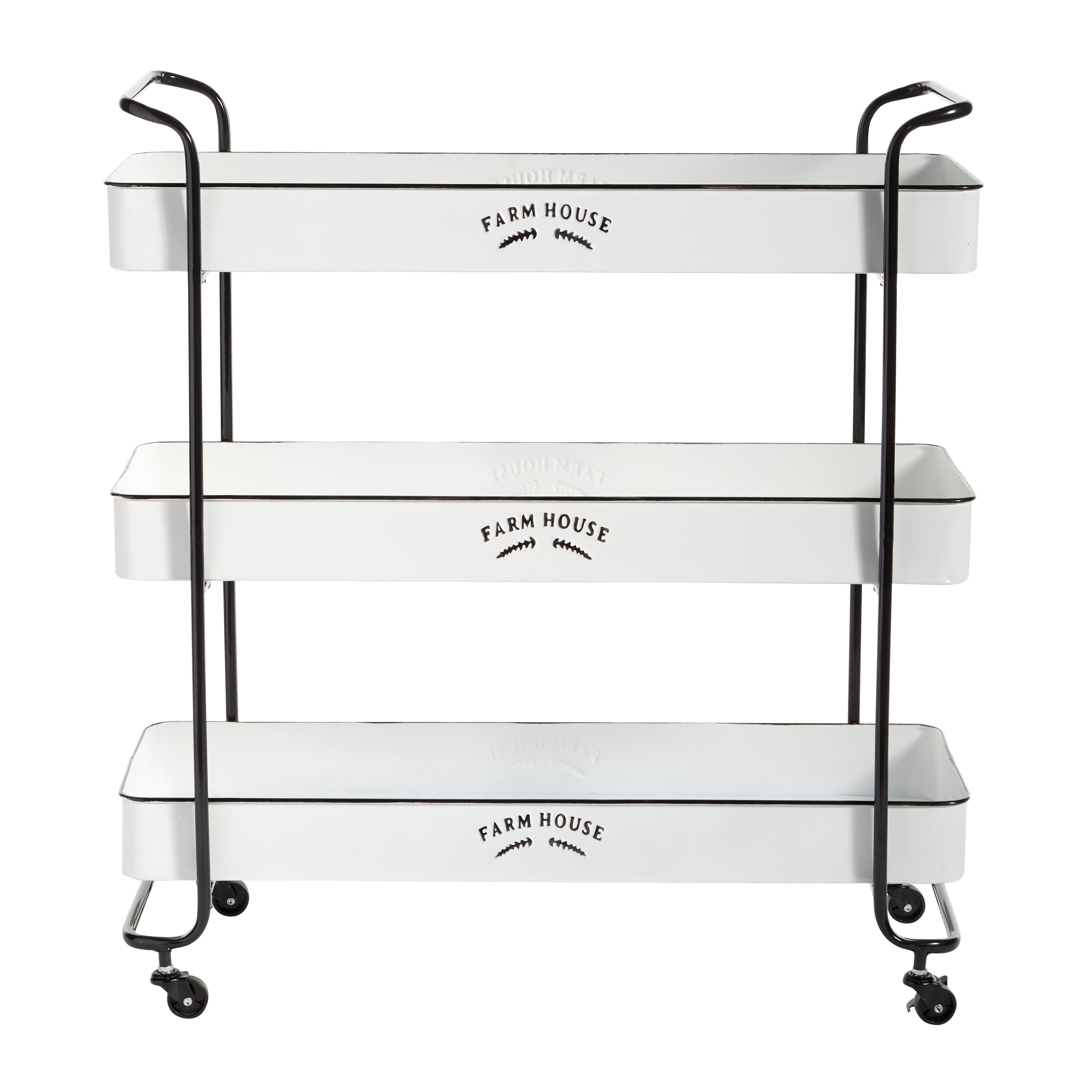 Bayberry Lane White Metal Rolling 3 Shelves Kitchen Storage Cart with Farm Fresh Design 32" x 12" x 35", , large
