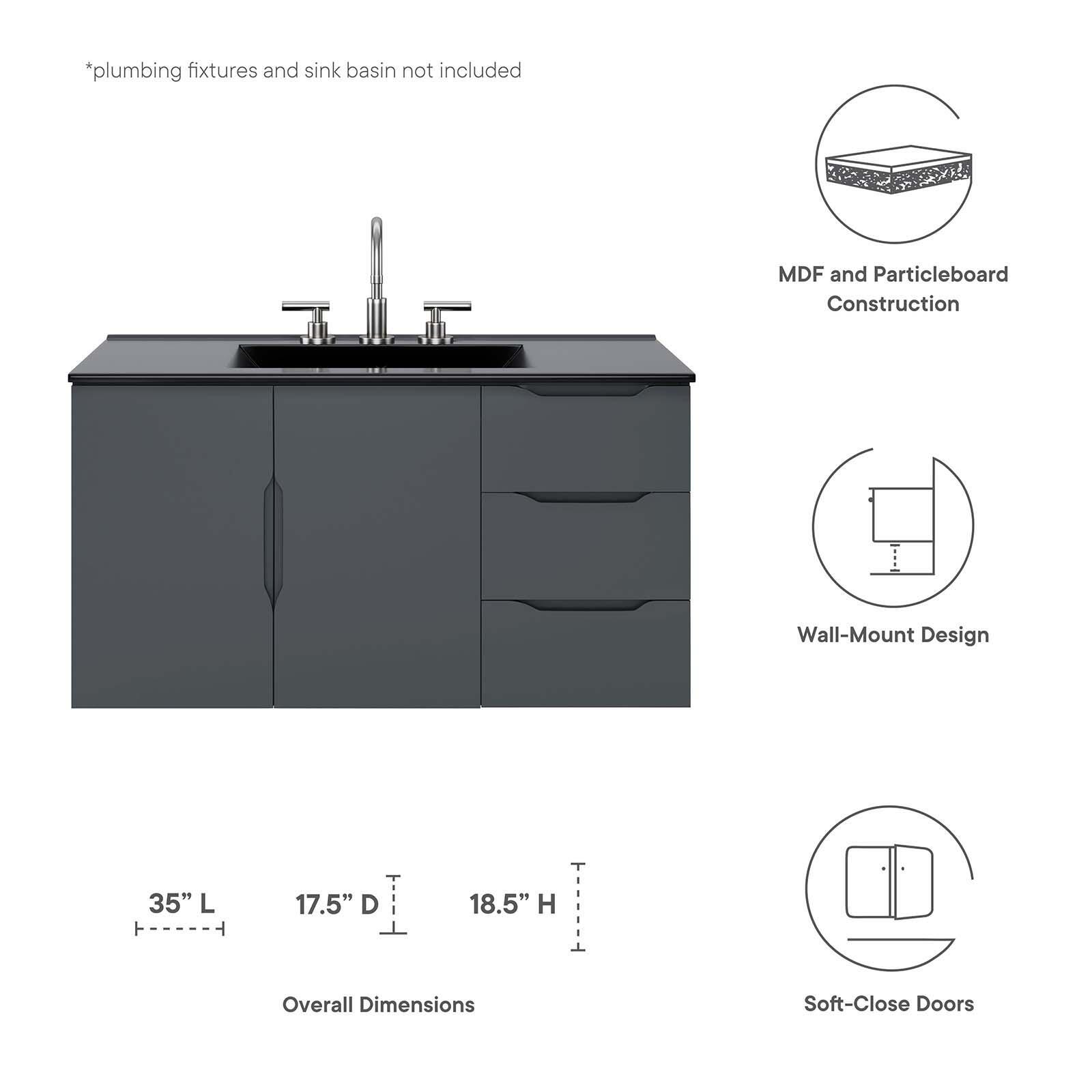 Modway Vitality 36" Bathroom Vanity Cabinet (Sink Basin Not Included), Gray, large