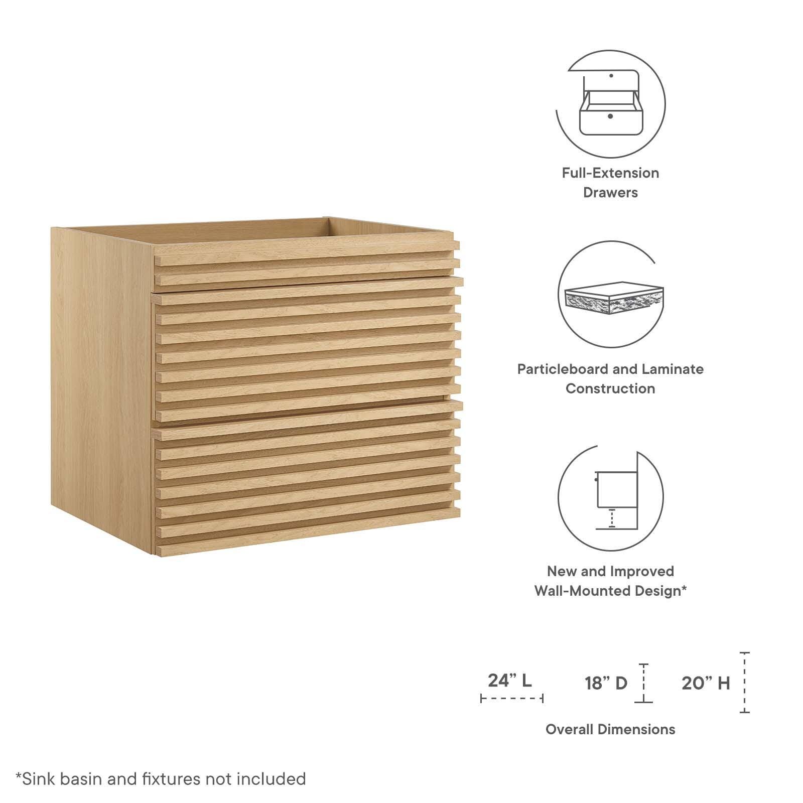 Modway Render 24" Wall-Mount Bathroom Vanity Cabinet, Oak, large
