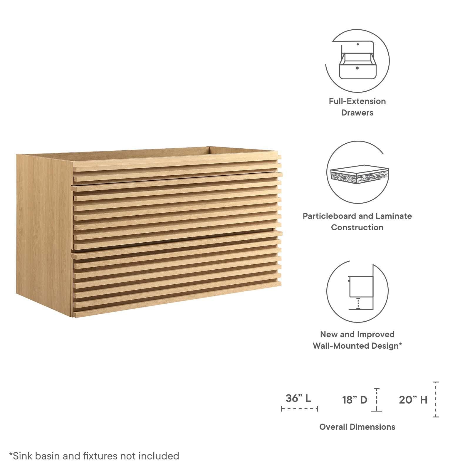 Modway Render 36" Wall-Mount Bathroom Vanity Cabinet, Oak, large
