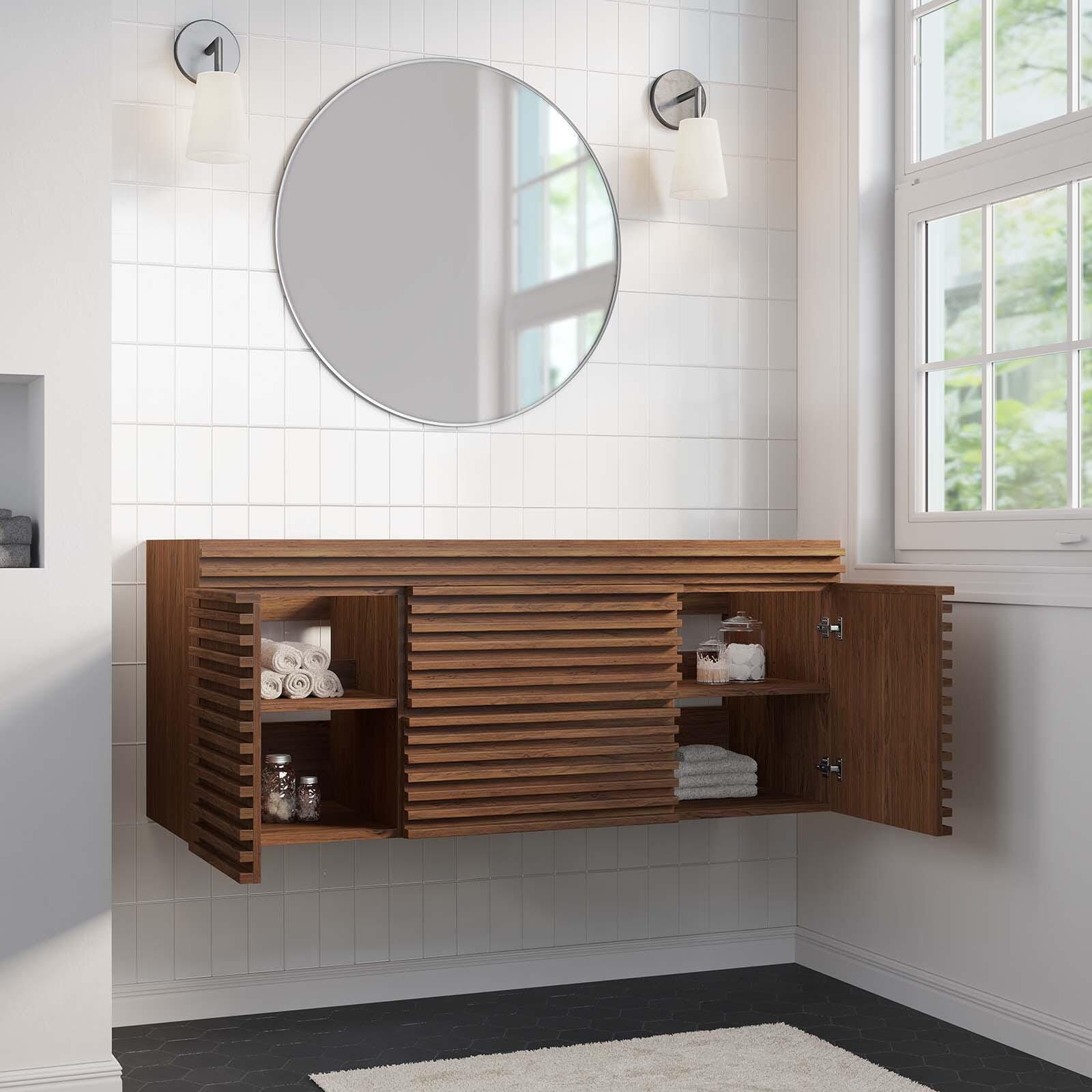 Modway Render 48" Wall-Mount Bathroom Vanity Cabinet, Walnut, large