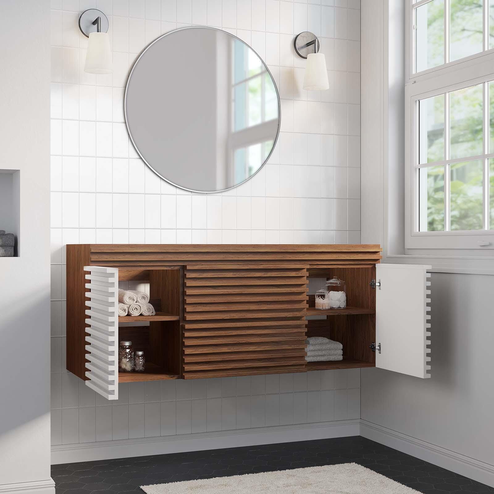 Modway Render 48" Wall-Mount Bathroom Vanity Cabinet, White/Walnut, large