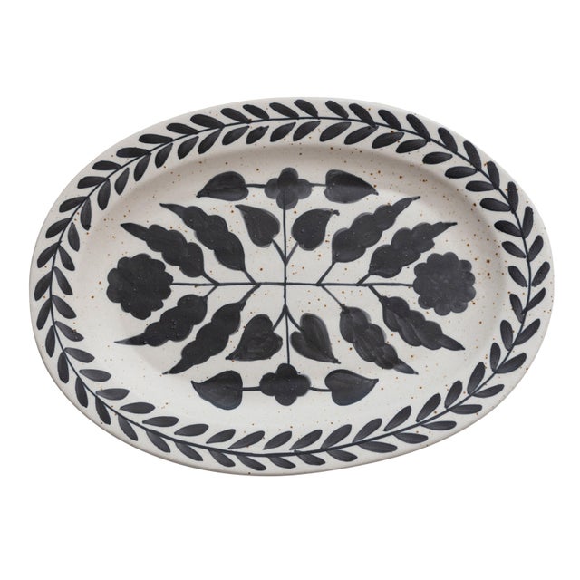 Storied Home Hand Painted Platter with Floral Design, Black/White