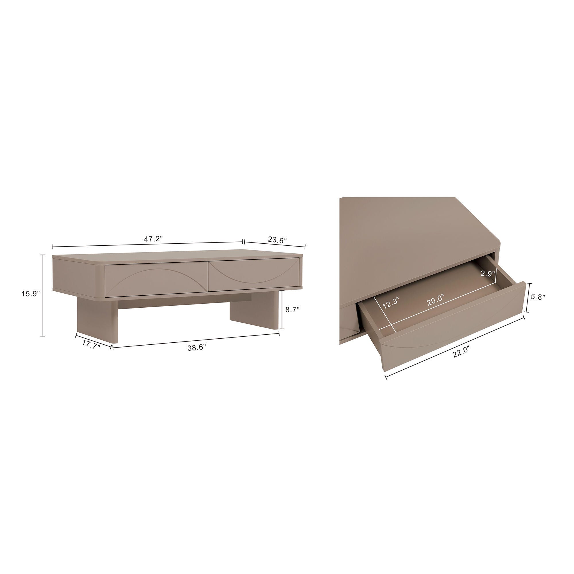 Manhattan Comfort Ella 2 Drawer Coffee Table, Mocha, large