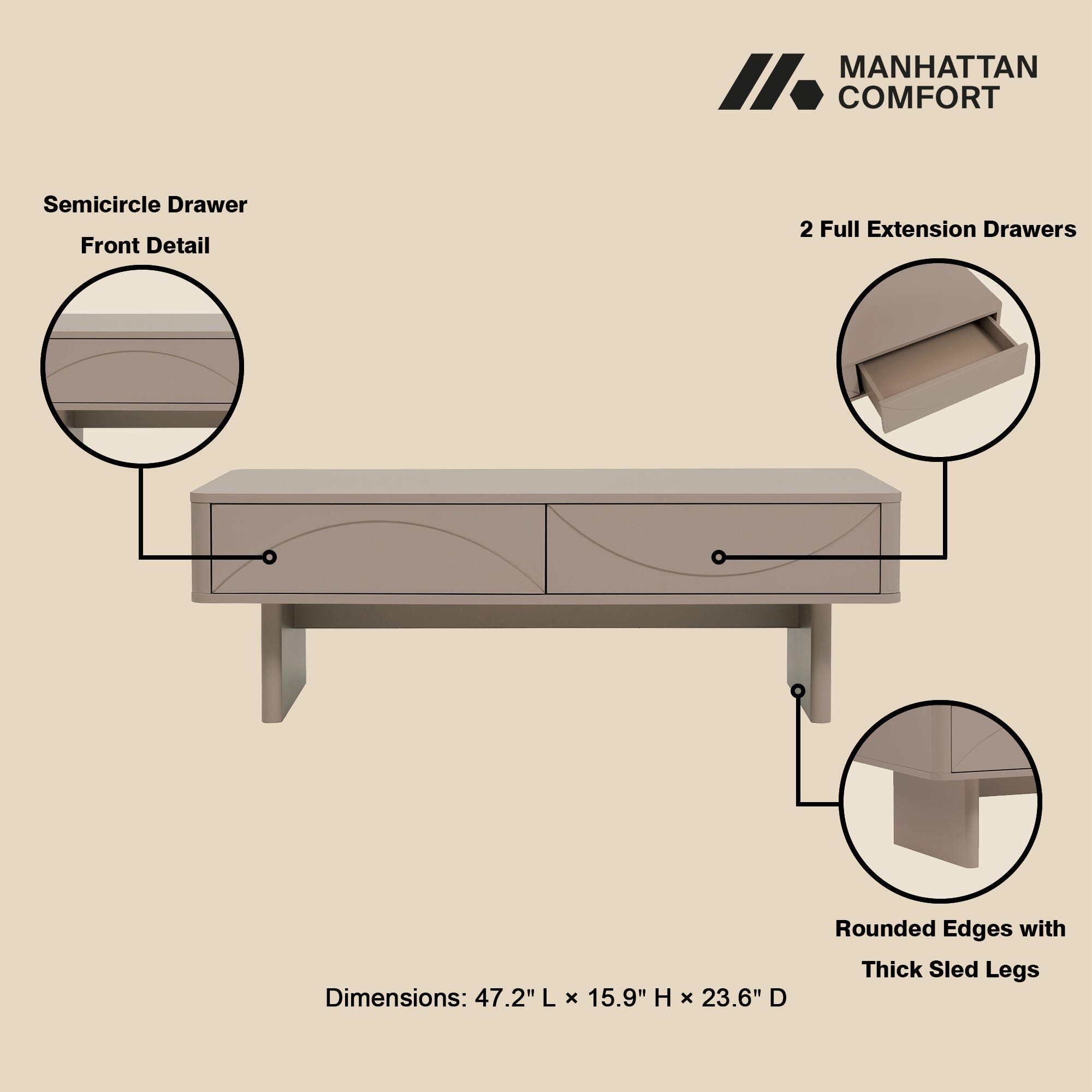Manhattan Comfort Ella 2 Drawer Coffee Table, Mocha, large