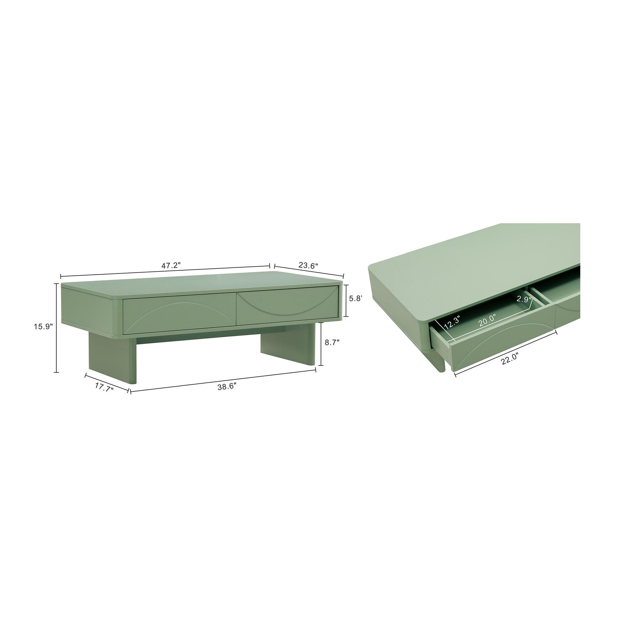 Manhattan Comfort Ella 2 Drawer Coffee Table, Sage Green, large
