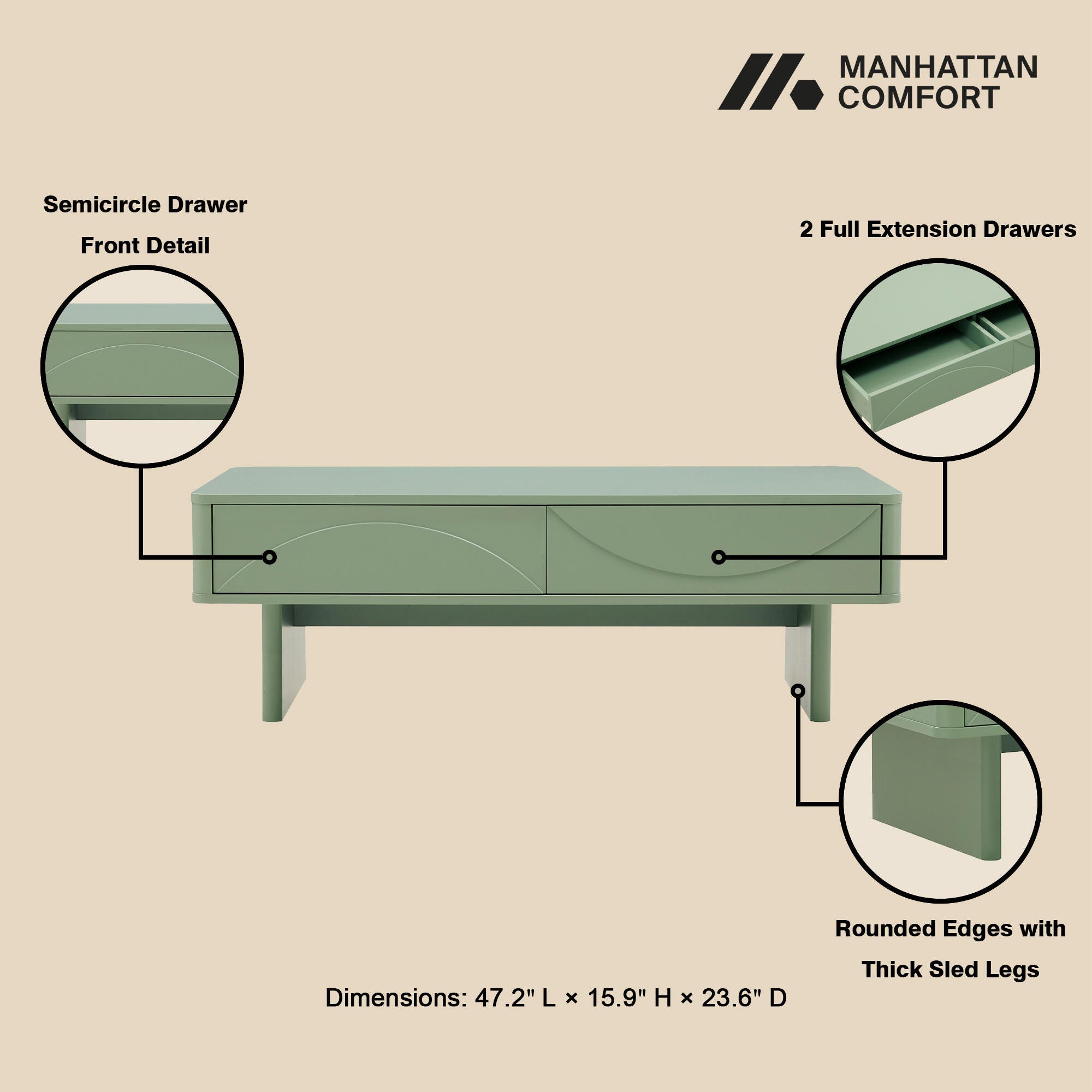 Manhattan Comfort Ella 2 Drawer Coffee Table, Sage Green, large