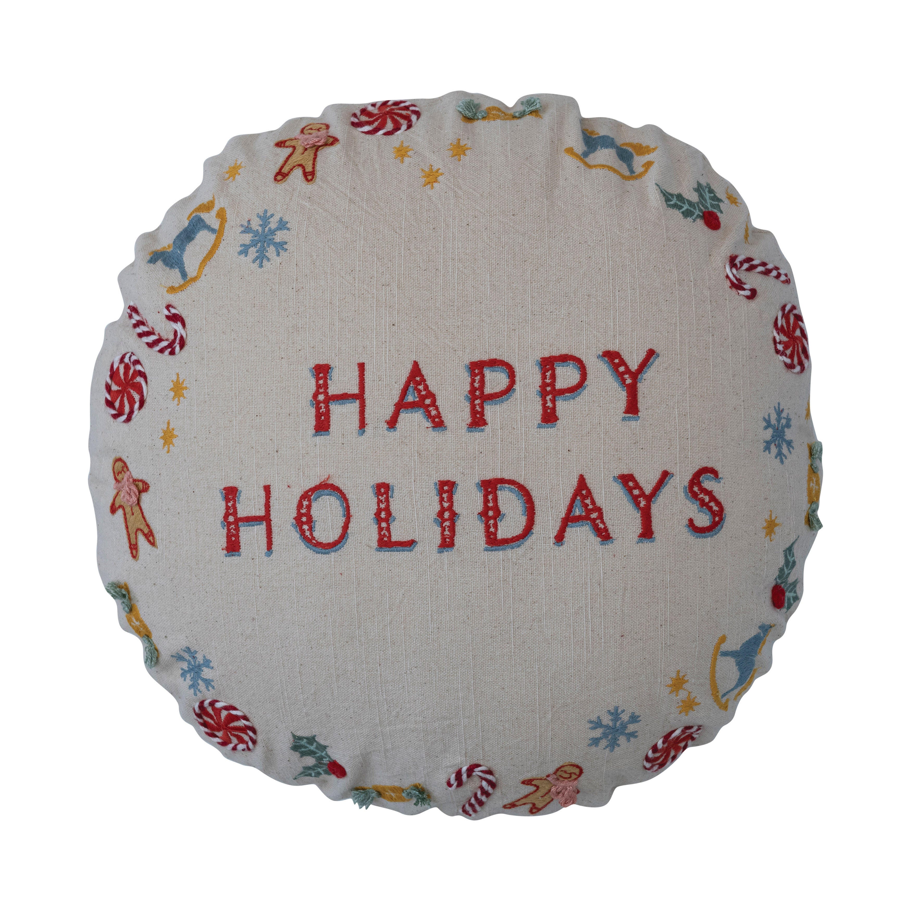 Storied Home Round Printed Pillow with Happy Holidays Embroidery, , large