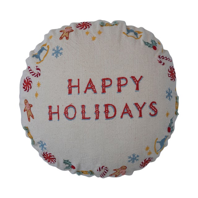 Storied Home Round Printed Pillow with Happy Holidays Embroidery