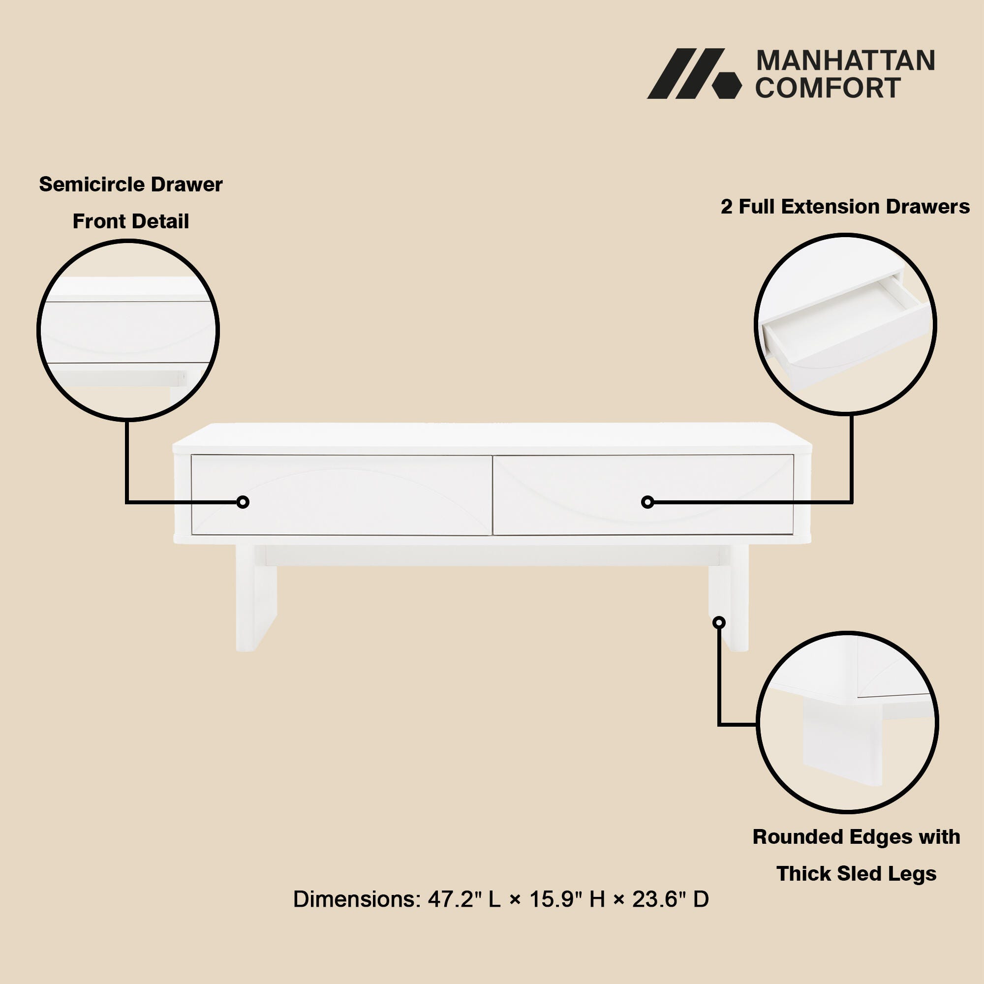 Manhattan Comfort Ella 2 Drawer Coffee Table, White, large