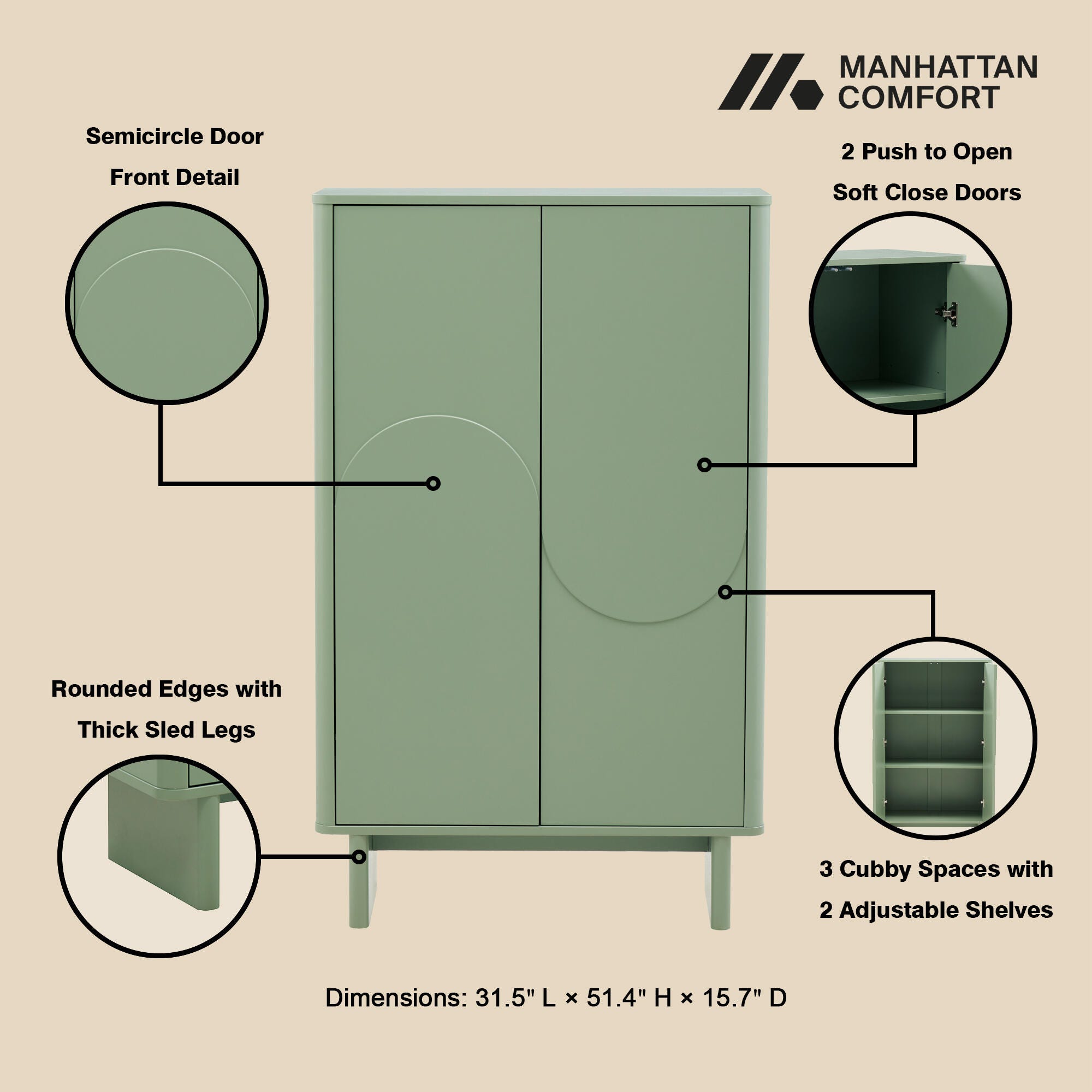 Manhattan Comfort Ella 32" Accent Cabinet, Sage Green, large