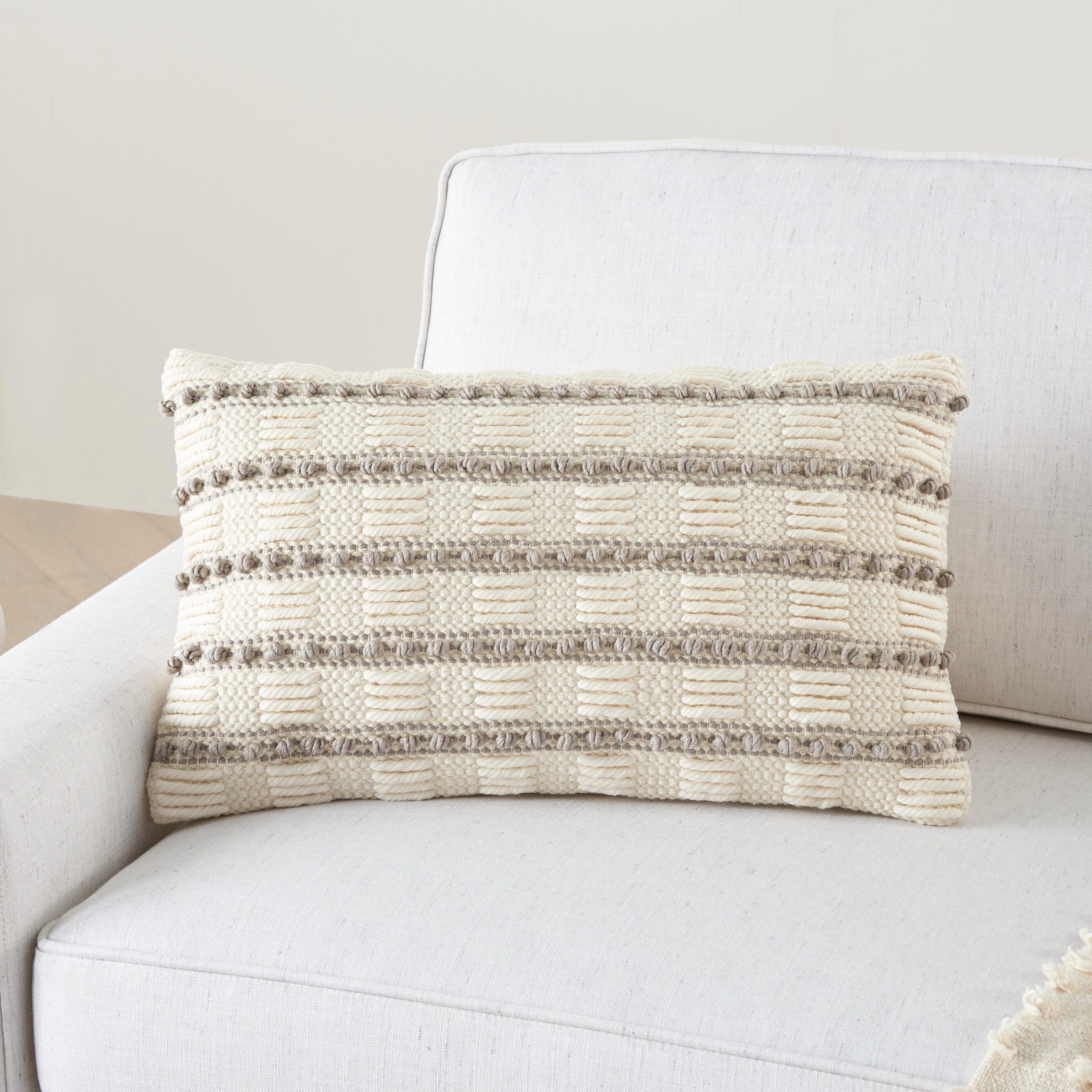Mina Victory Woven Lines And Dots Indoor Throw Pillow, Light Gray, large