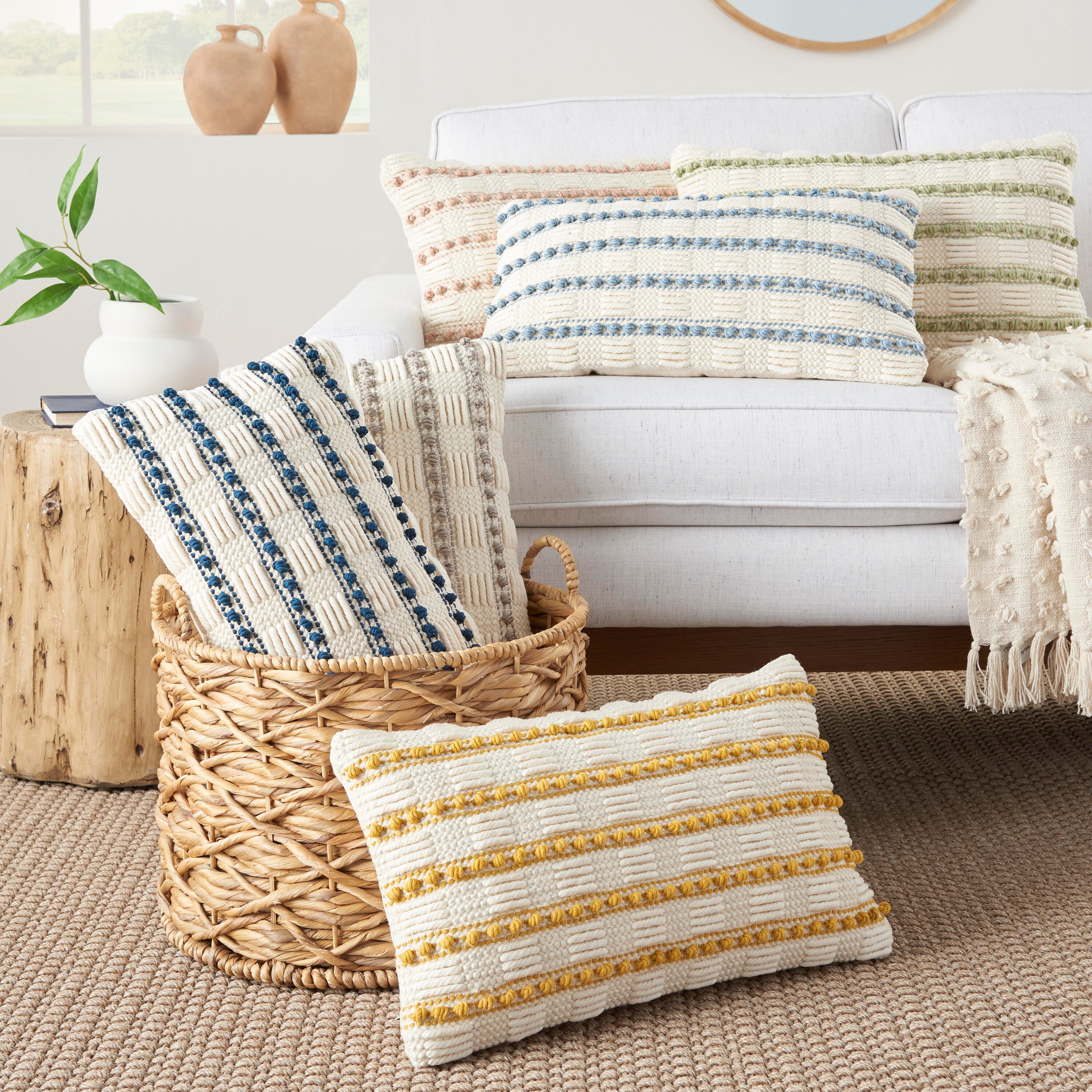 Mina Victory Woven Lines And Dots Indoor Throw Pillow, Light Gray, large