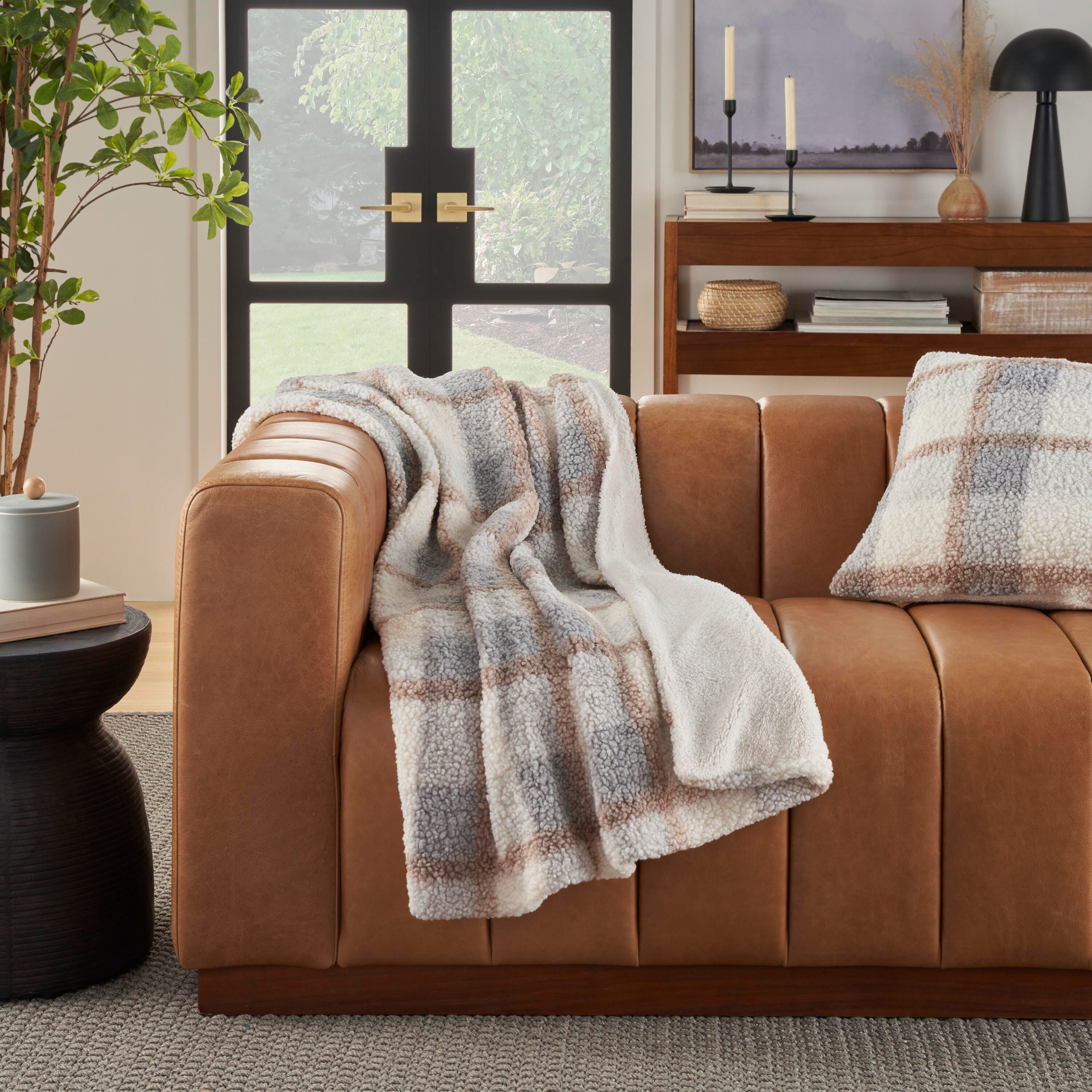 Mina Victory Faux Fur Plaid Curly Sherpa Indoor Throw Blanket, Blue, rollover