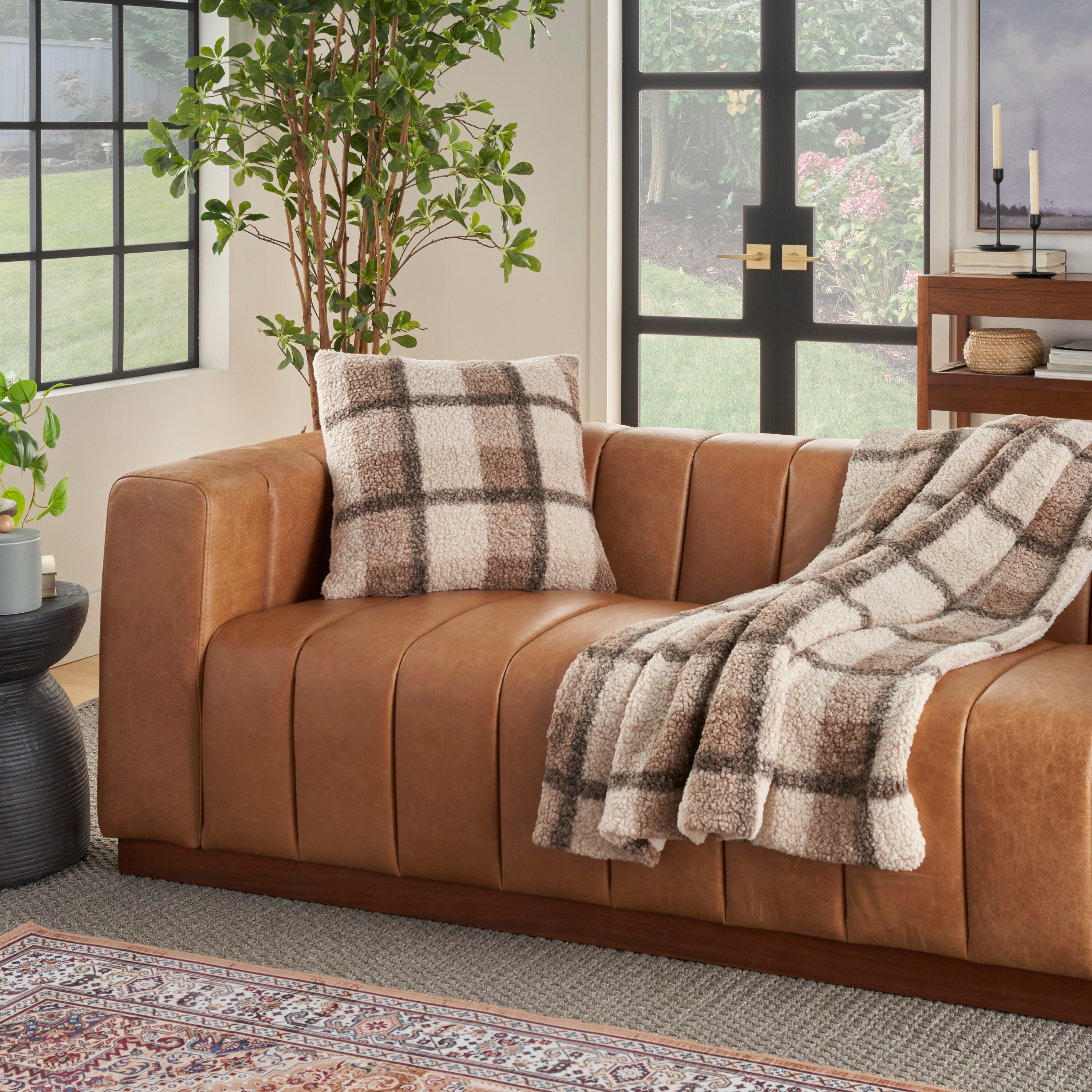 Mina Victory Faux Fur Plaid Curly Sherpa Indoor Throw Blanket, , large