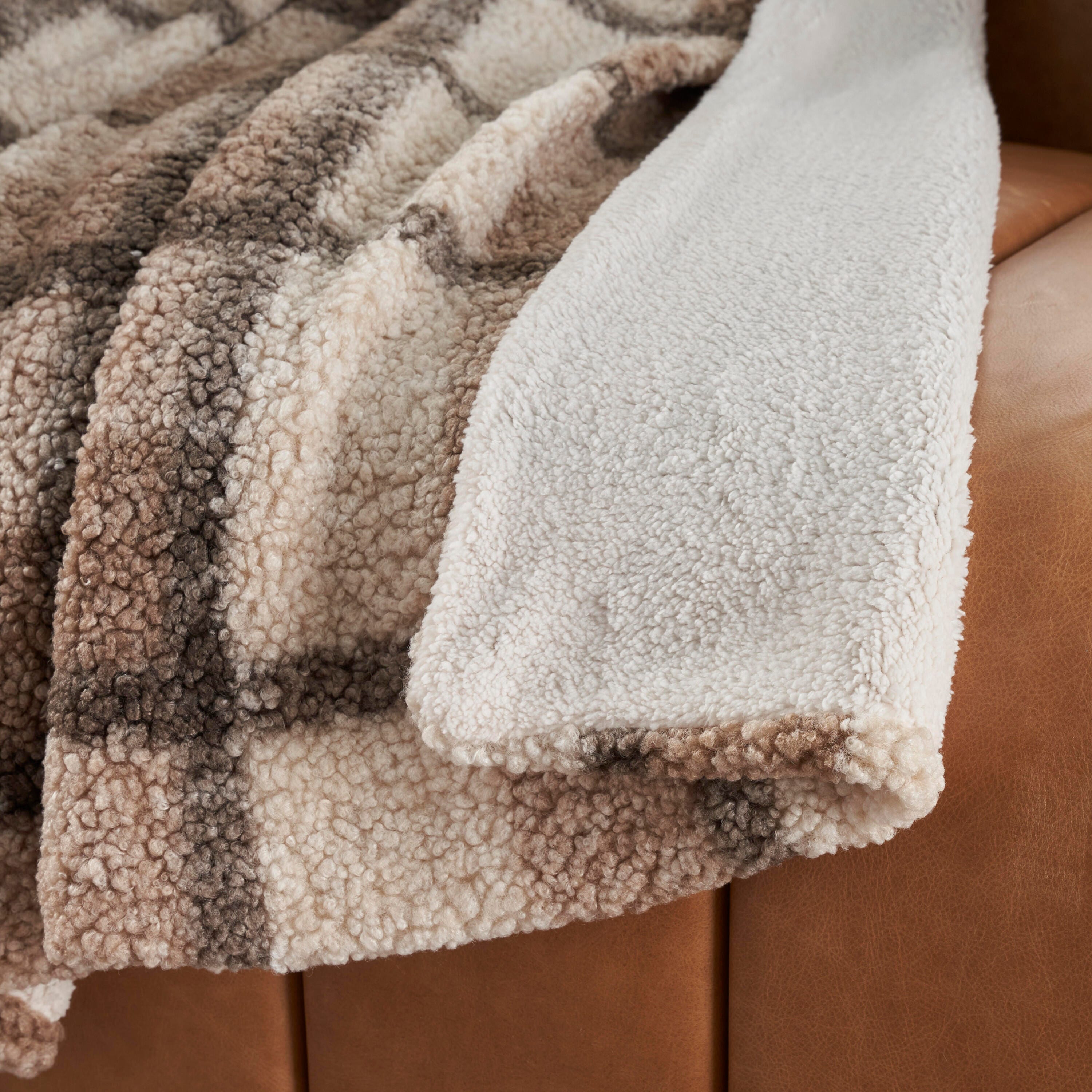 Mina Victory Faux Fur Plaid Curly Sherpa Indoor Throw Blanket, , large