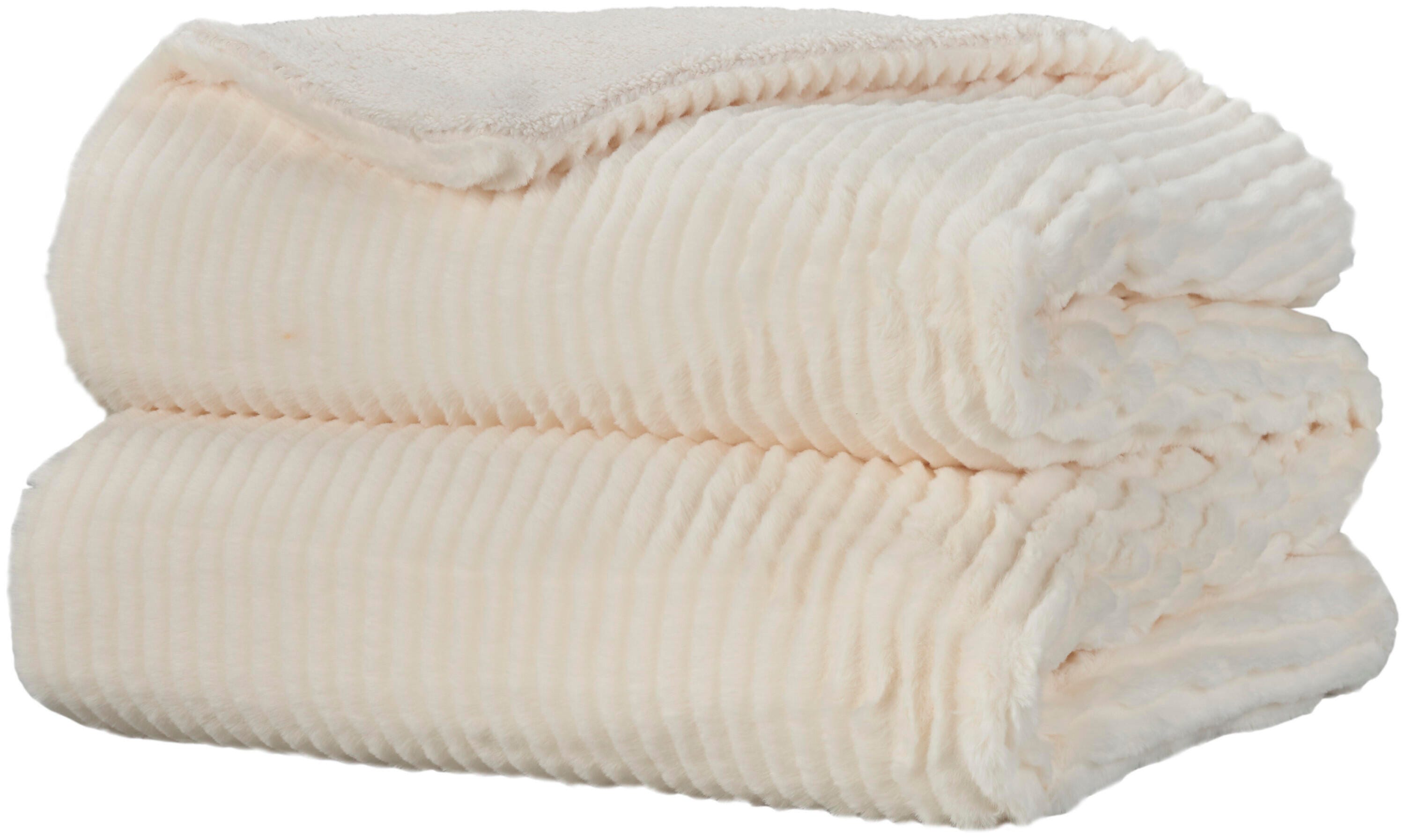 Mina Victory Faux Fur Layered Bunny Cut Indoor Throw Blanket, Ivory, large