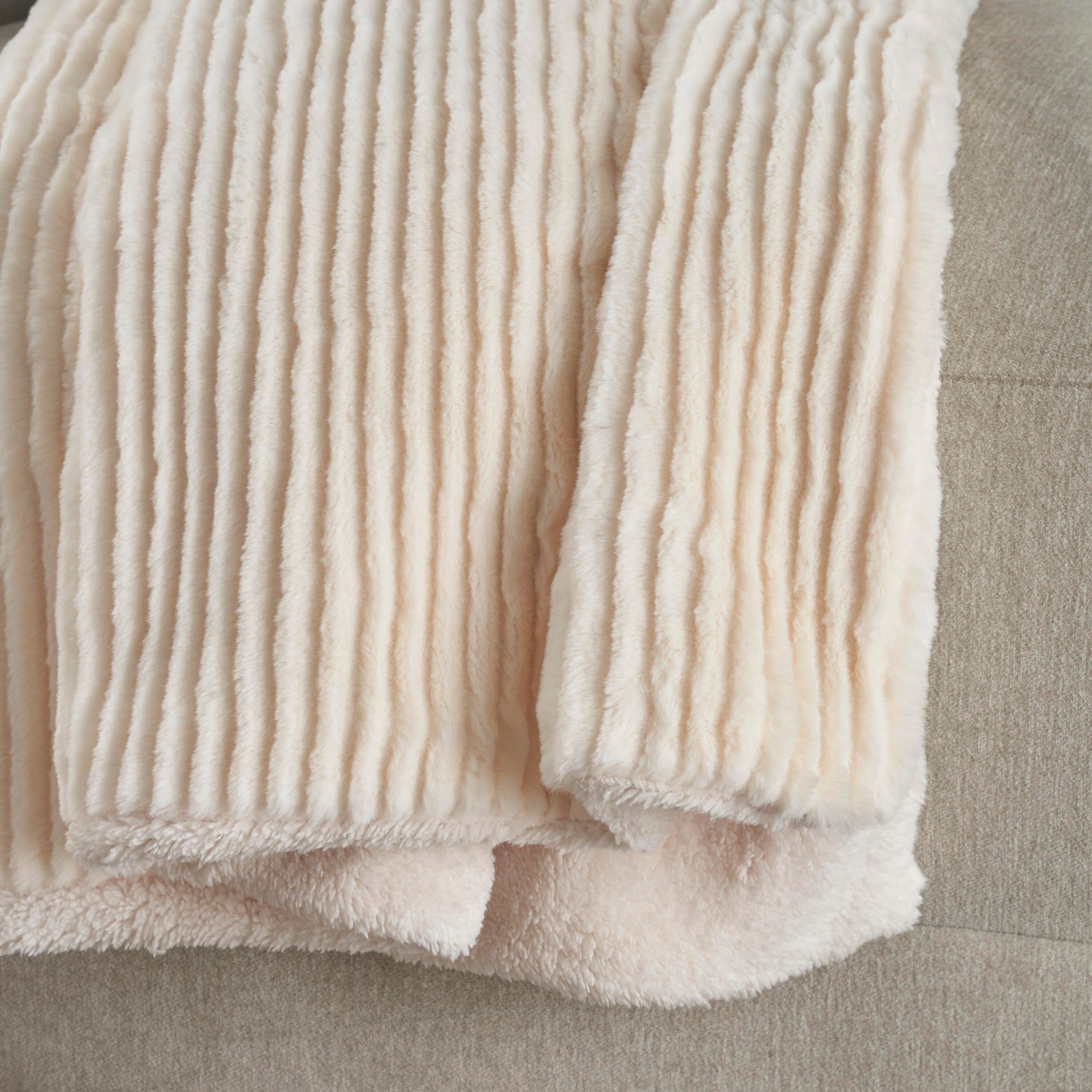 Mina Victory Faux Fur Layered Bunny Cut Indoor Throw Blanket, Ivory, large
