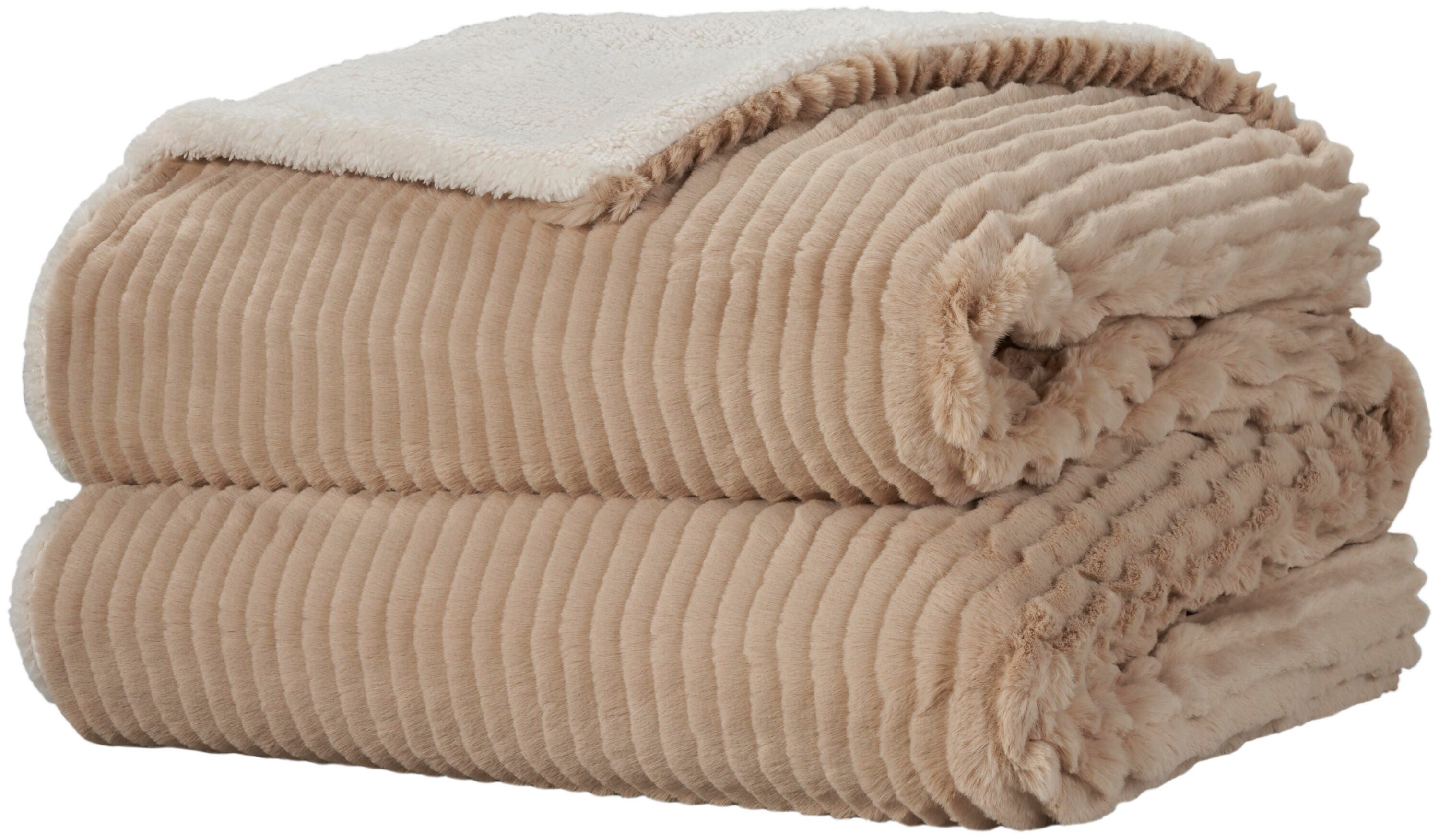 Mina Victory Faux Fur Layered Bunny Cut Indoor Throw Blanket, Beige, large