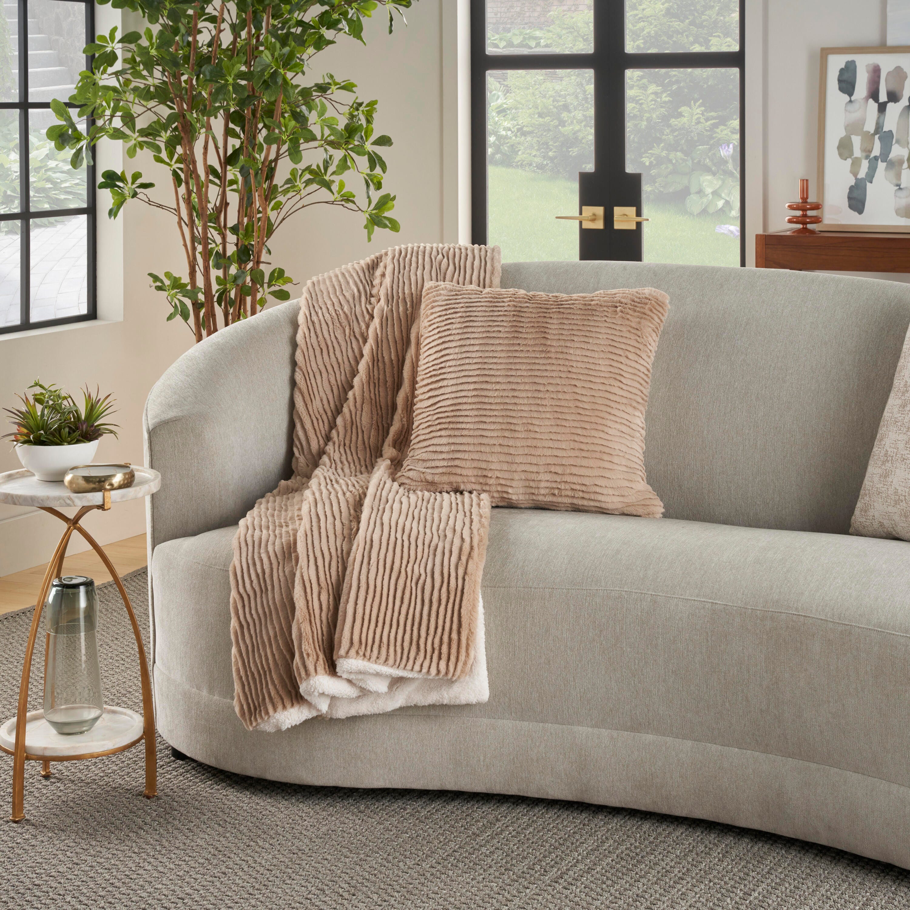 Mina Victory Faux Fur Layered Bunny Cut Indoor Throw Blanket, Beige, large