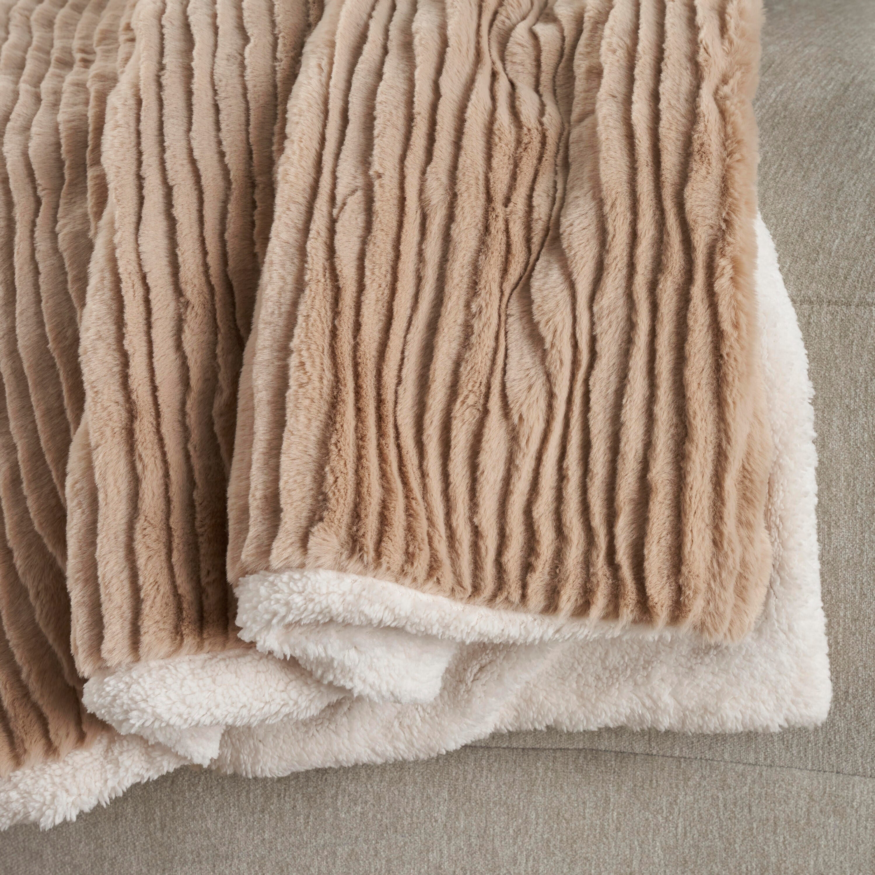 Mina Victory Faux Fur Layered Bunny Cut Indoor Throw Blanket, Beige, large