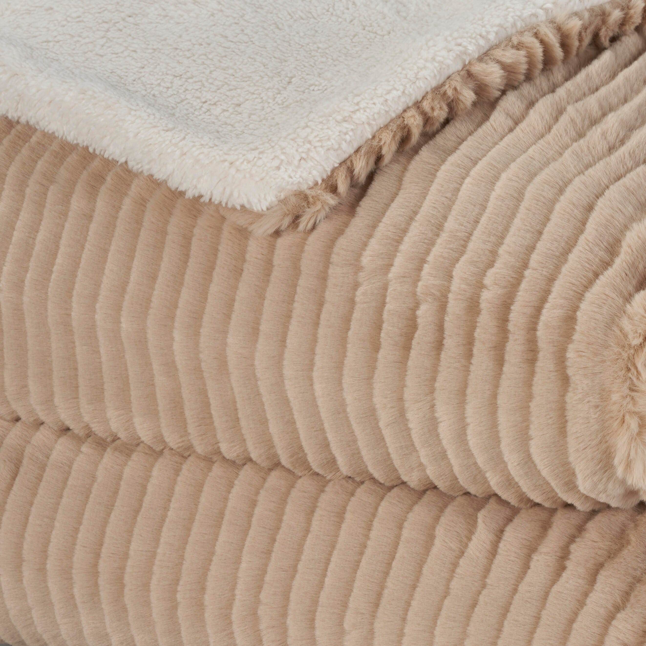 Mina Victory Faux Fur Layered Bunny Cut Indoor Throw Blanket, Beige, large