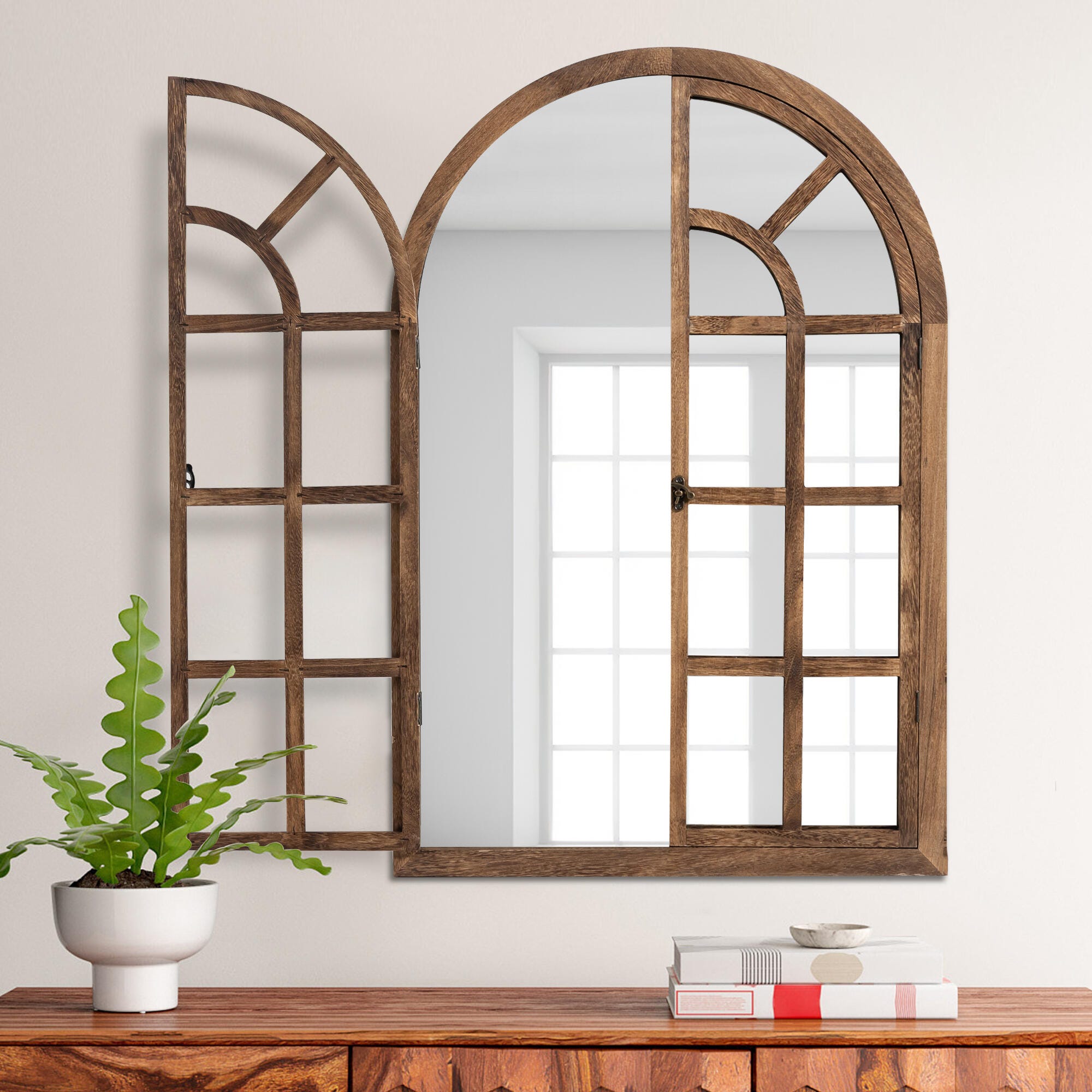 Feronia 24" x 36" Classic Arched Wall Mirror, Brown, large