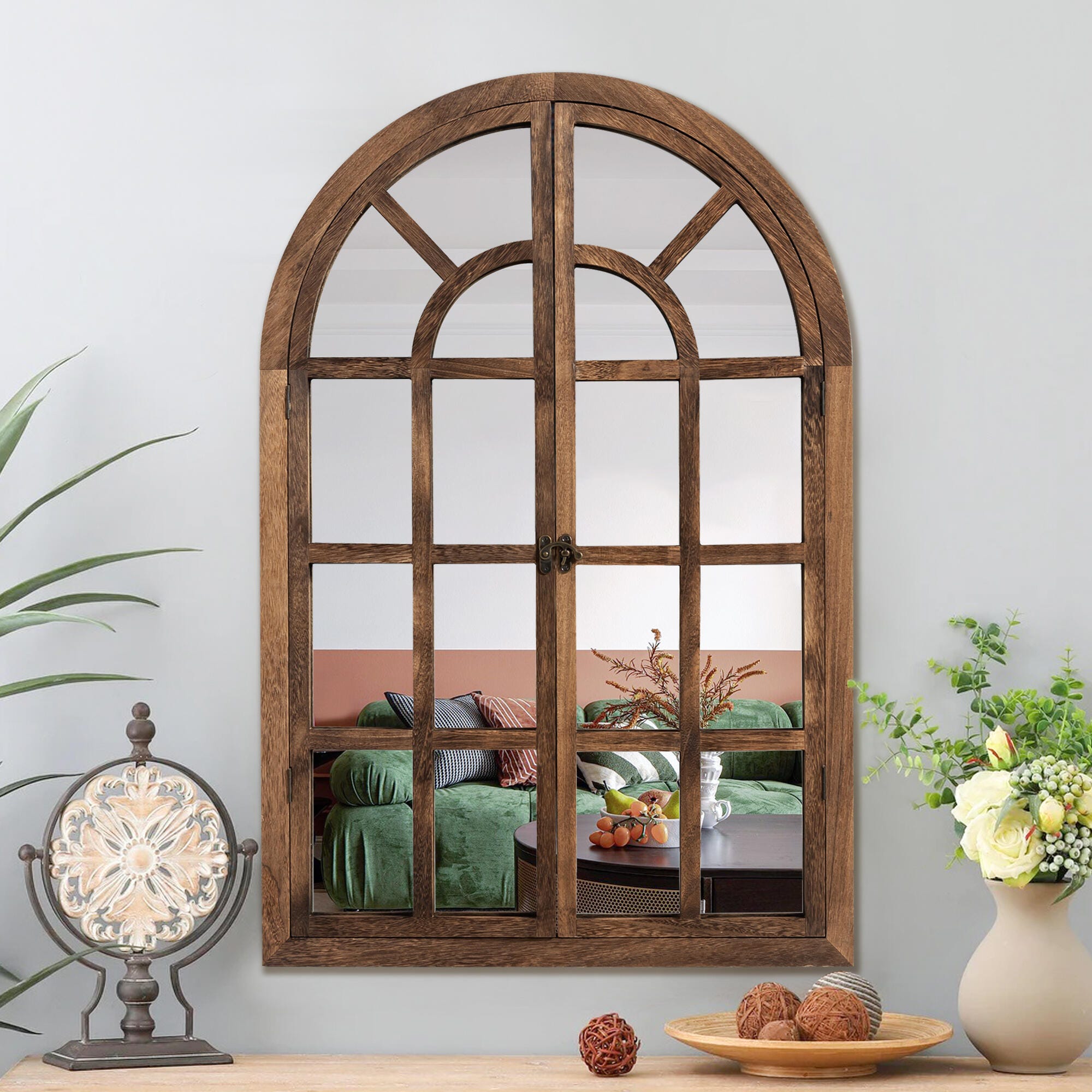 Feronia 24" x 36" Classic Arched Wall Mirror, Brown, large