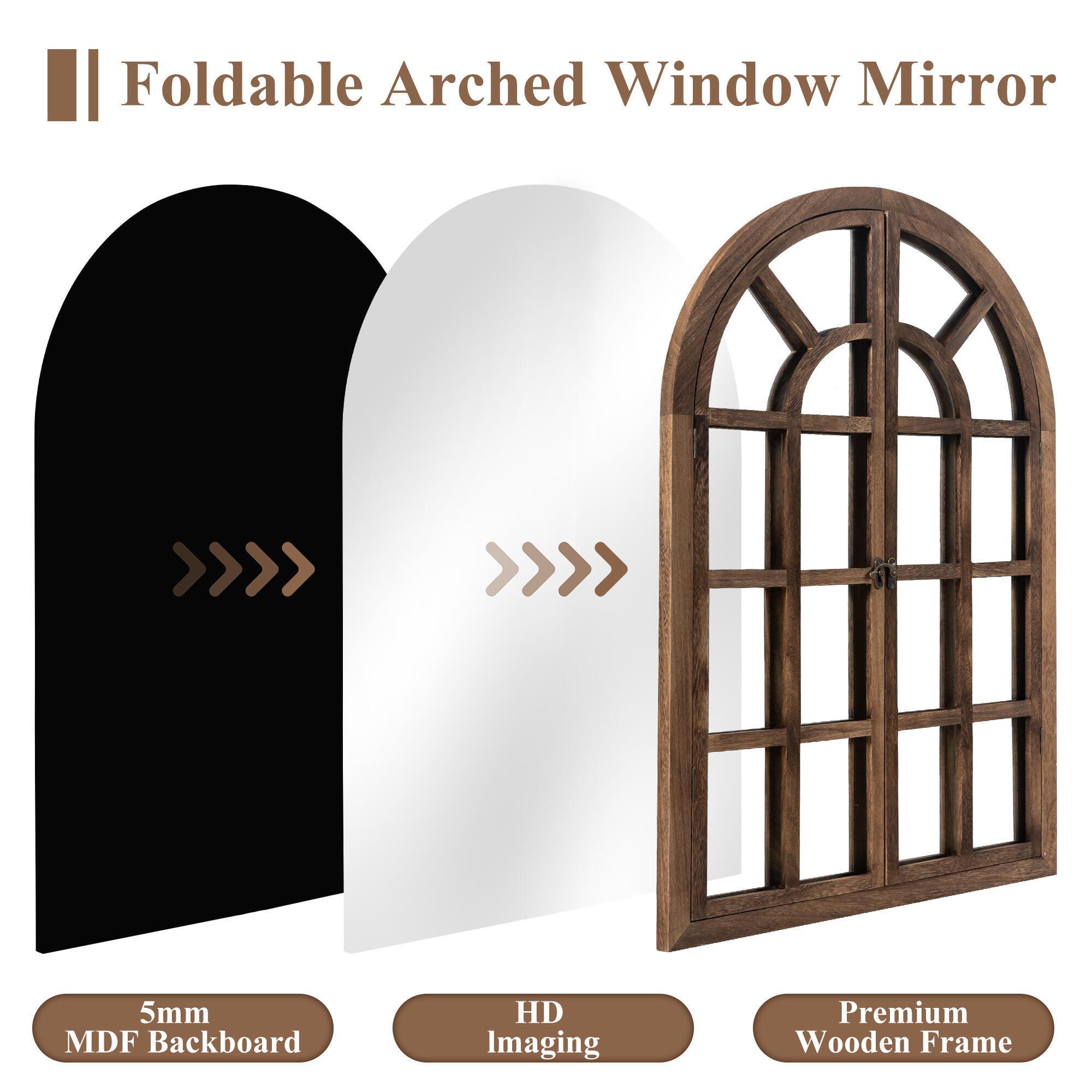 Feronia 24" x 36" Classic Arched Wall Mirror, Brown, large