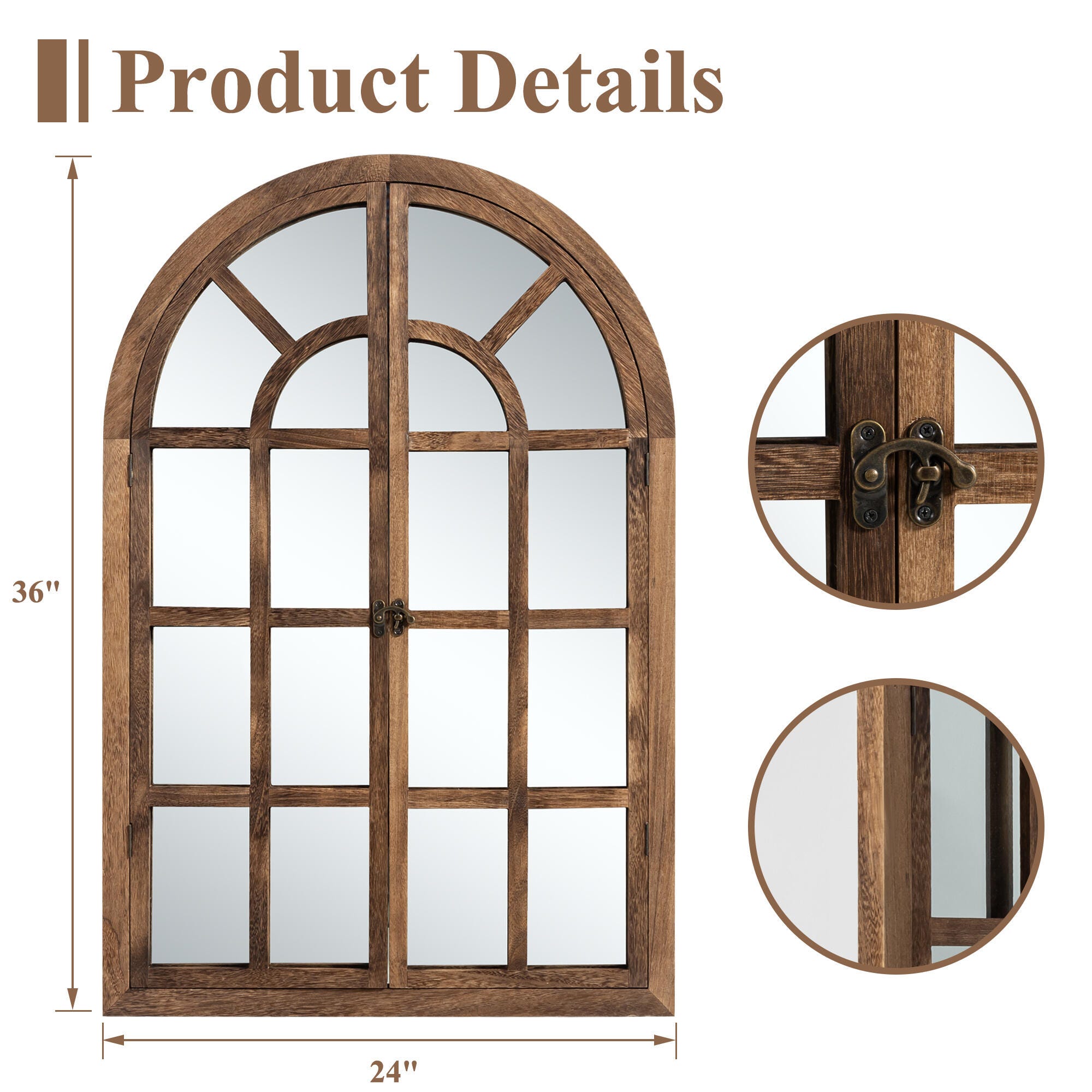 Feronia 24" x 36" Classic Arched Wall Mirror, Brown, large