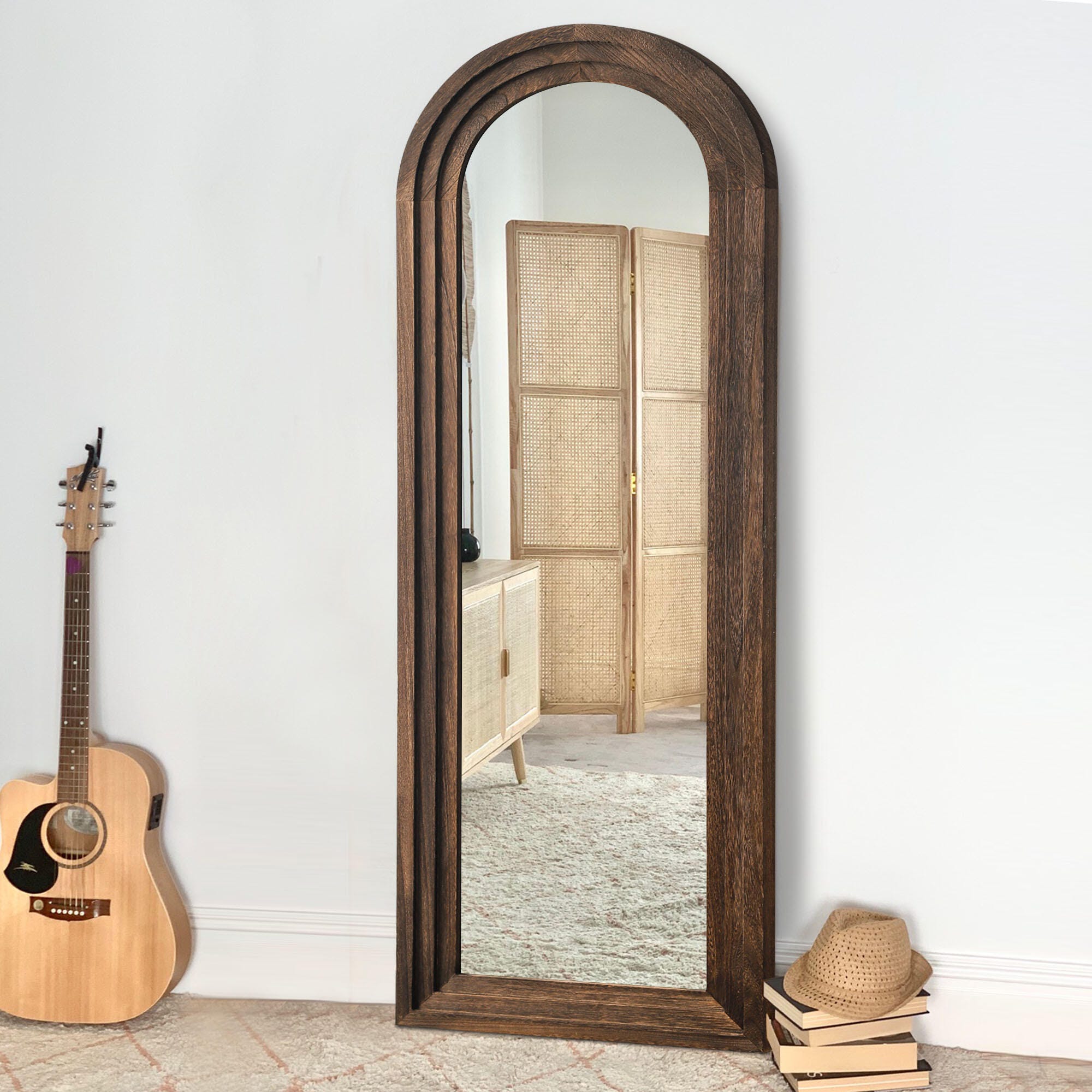 Feronia 21" x 64" Classic Arched Leaning Mirror, Brown, large