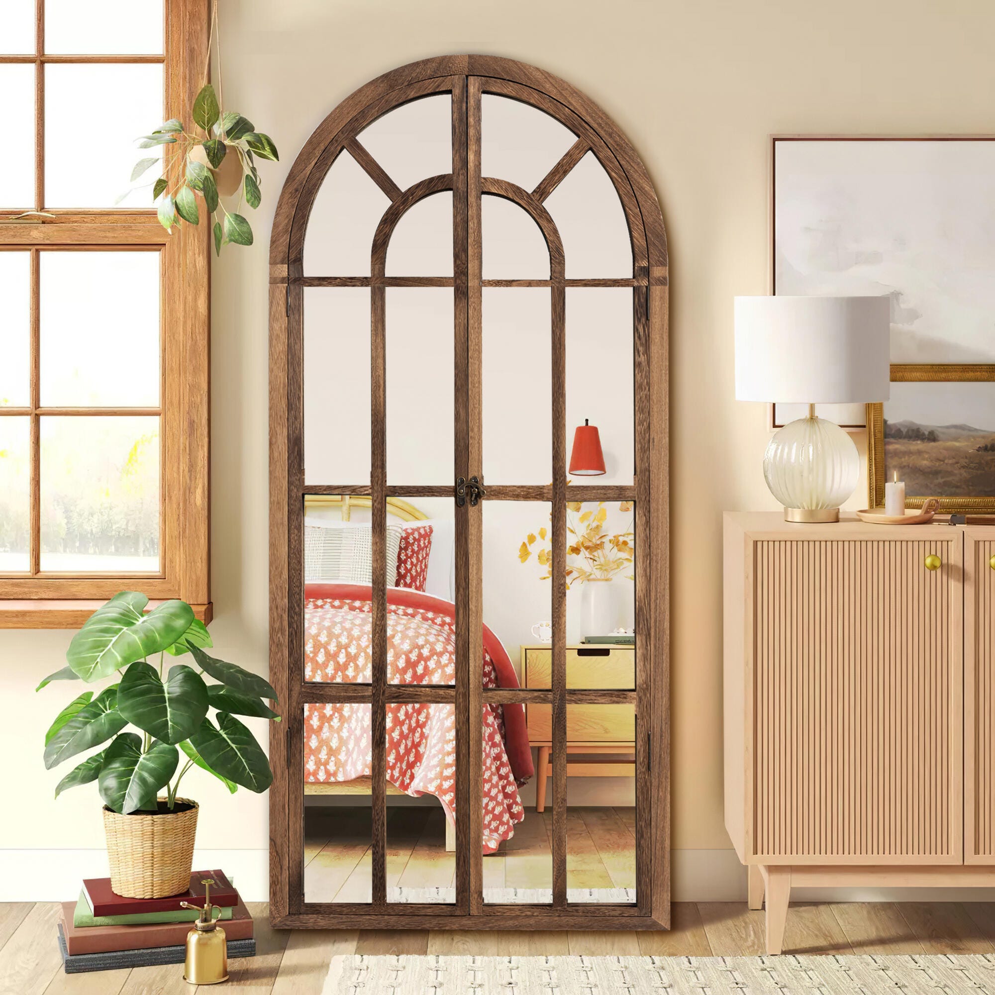 Feronia 31" x 71" Arched Floor Mirror, Brown, rollover