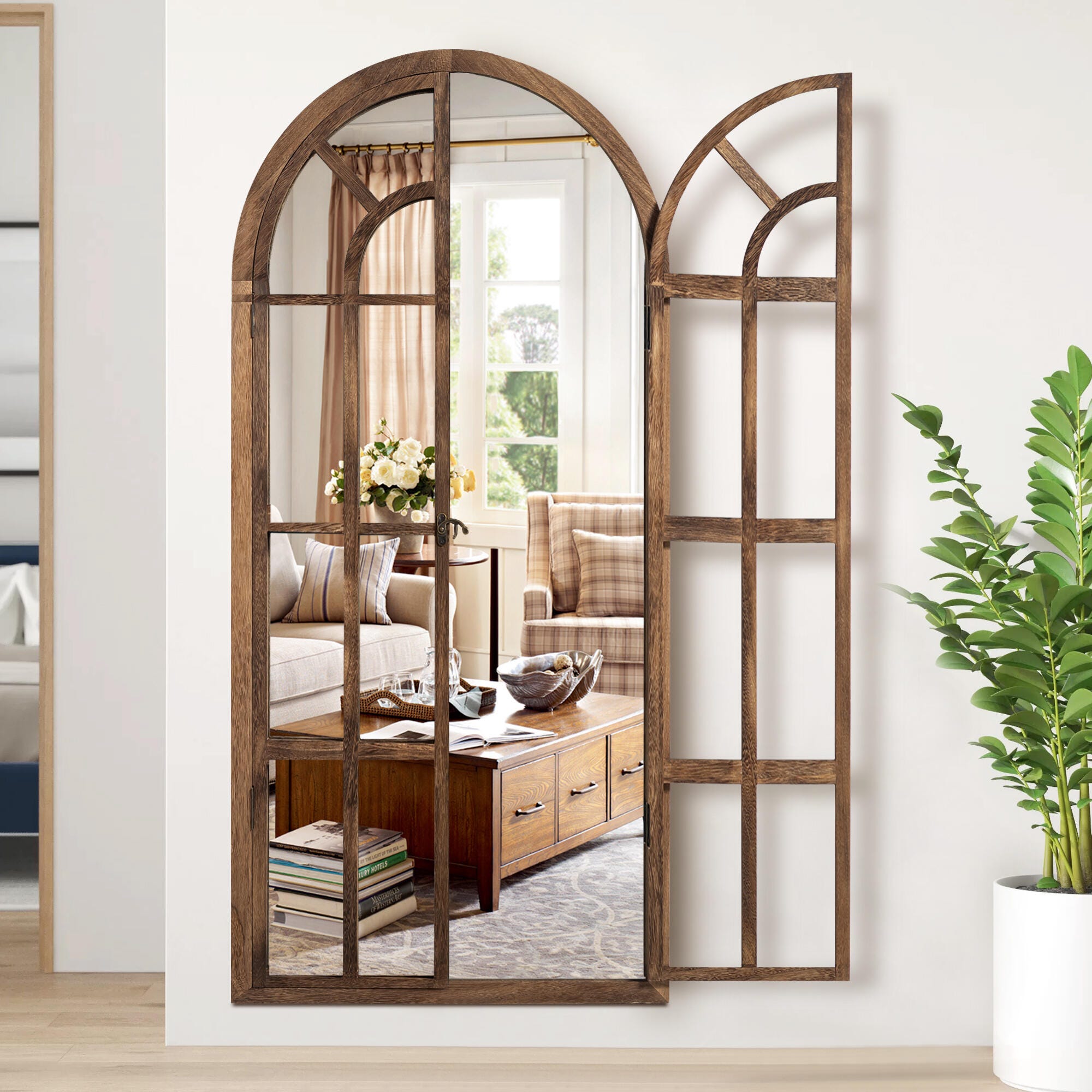 Feronia 31" x 71" Arched Floor Mirror, Brown, large