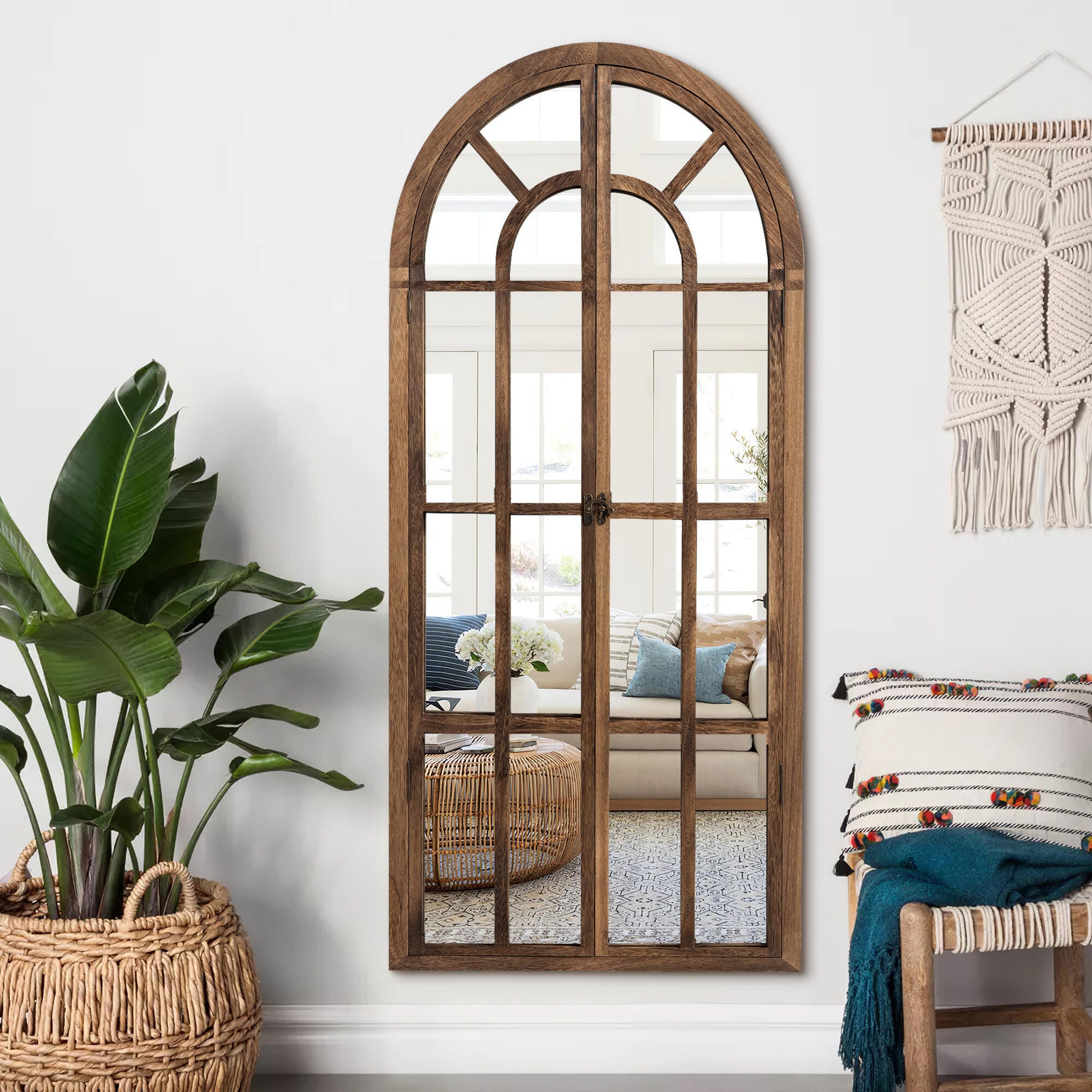 Feronia 31" x 71" Arched Floor Mirror, Brown, large