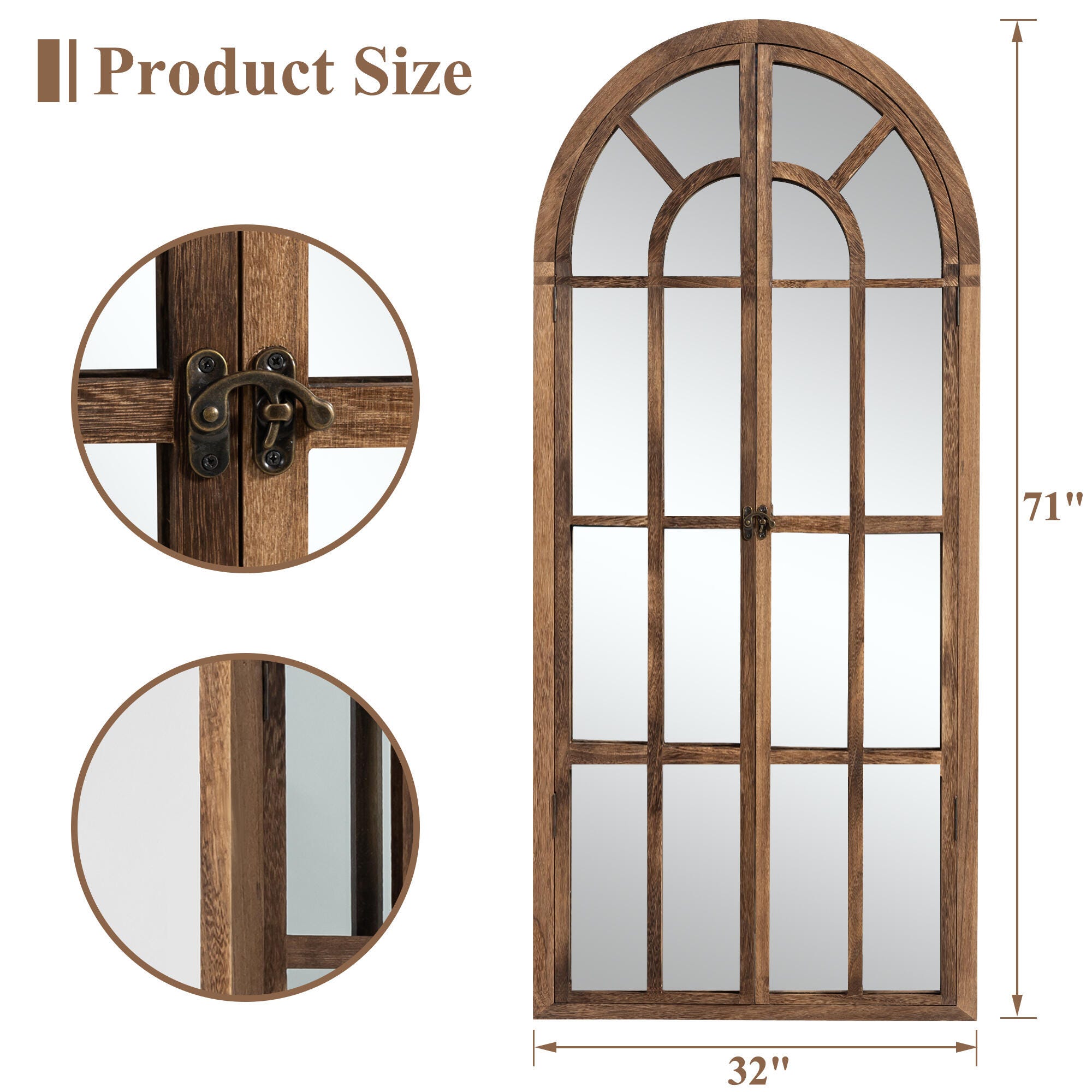 Feronia 31" x 71" Arched Floor Mirror, Brown, large