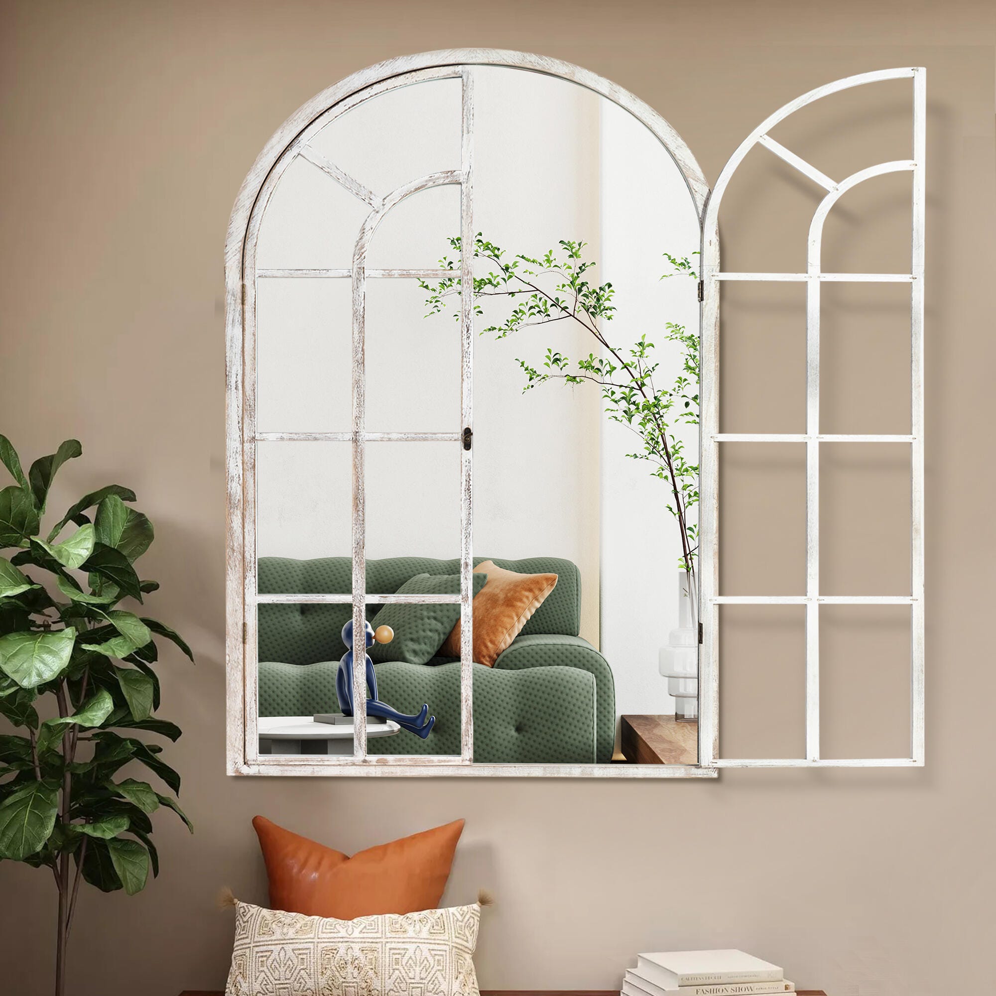 Feronia 24" x 36"  Arched Wall Mirror, Weathered White, large