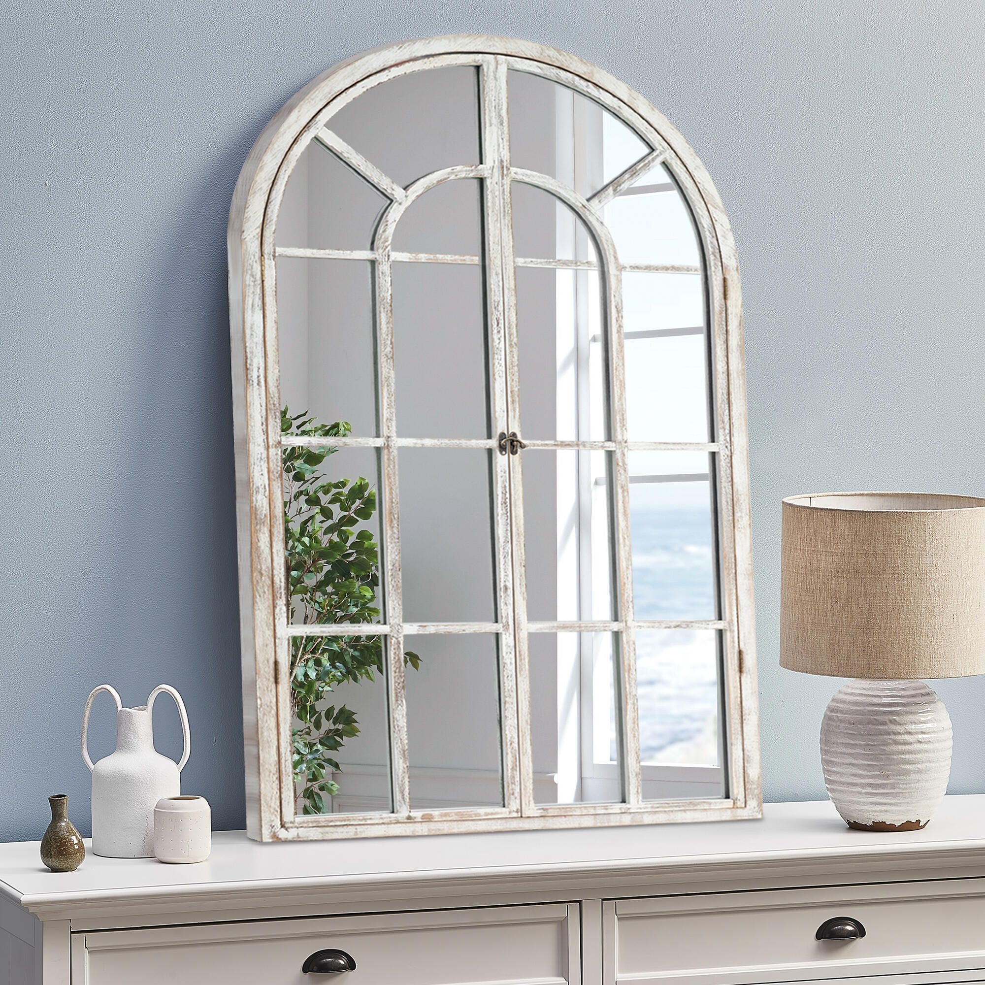 Feronia 24" x 36"  Arched Wall Mirror, Weathered White, large