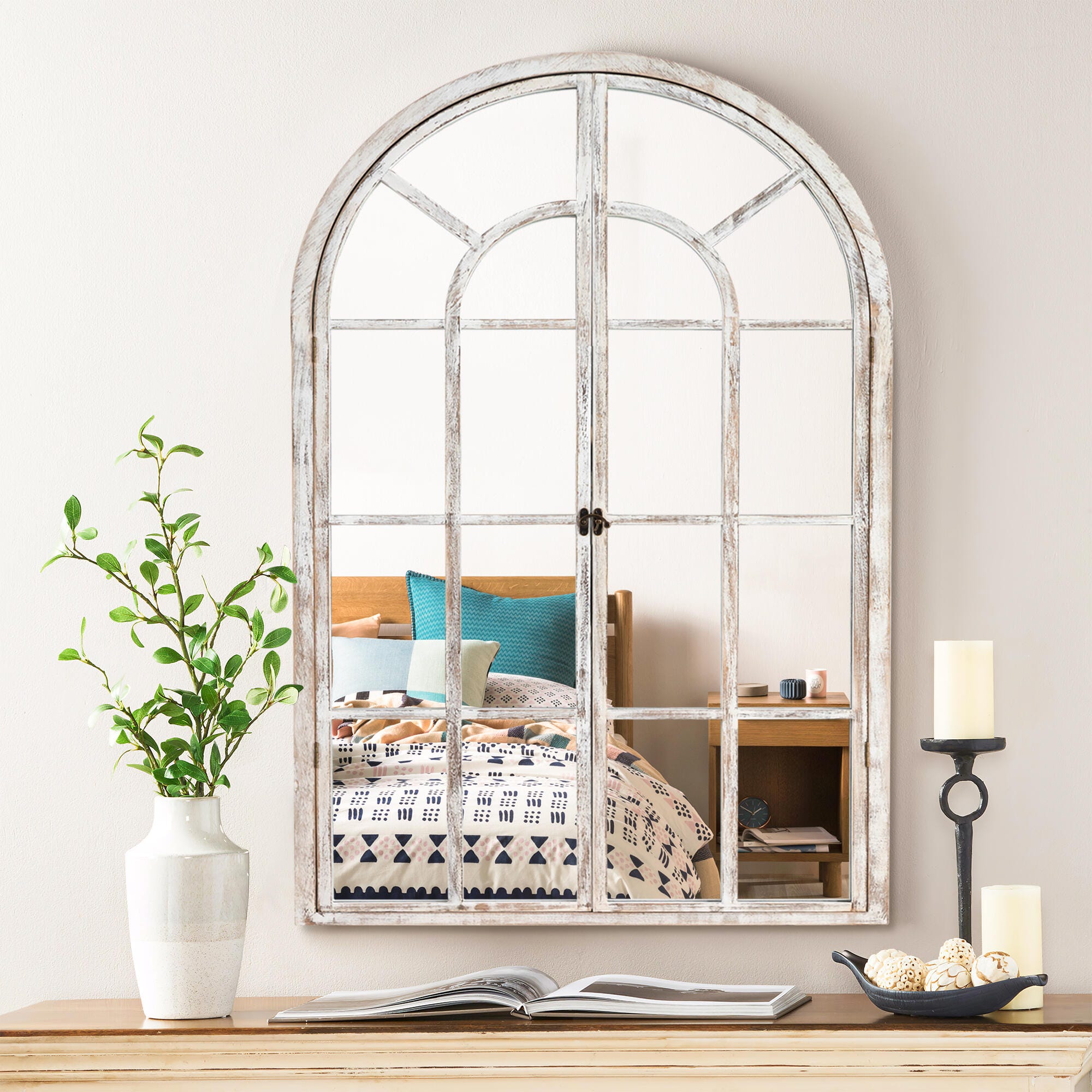 Feronia 24" x 36"  Arched Wall Mirror, Weathered White, large