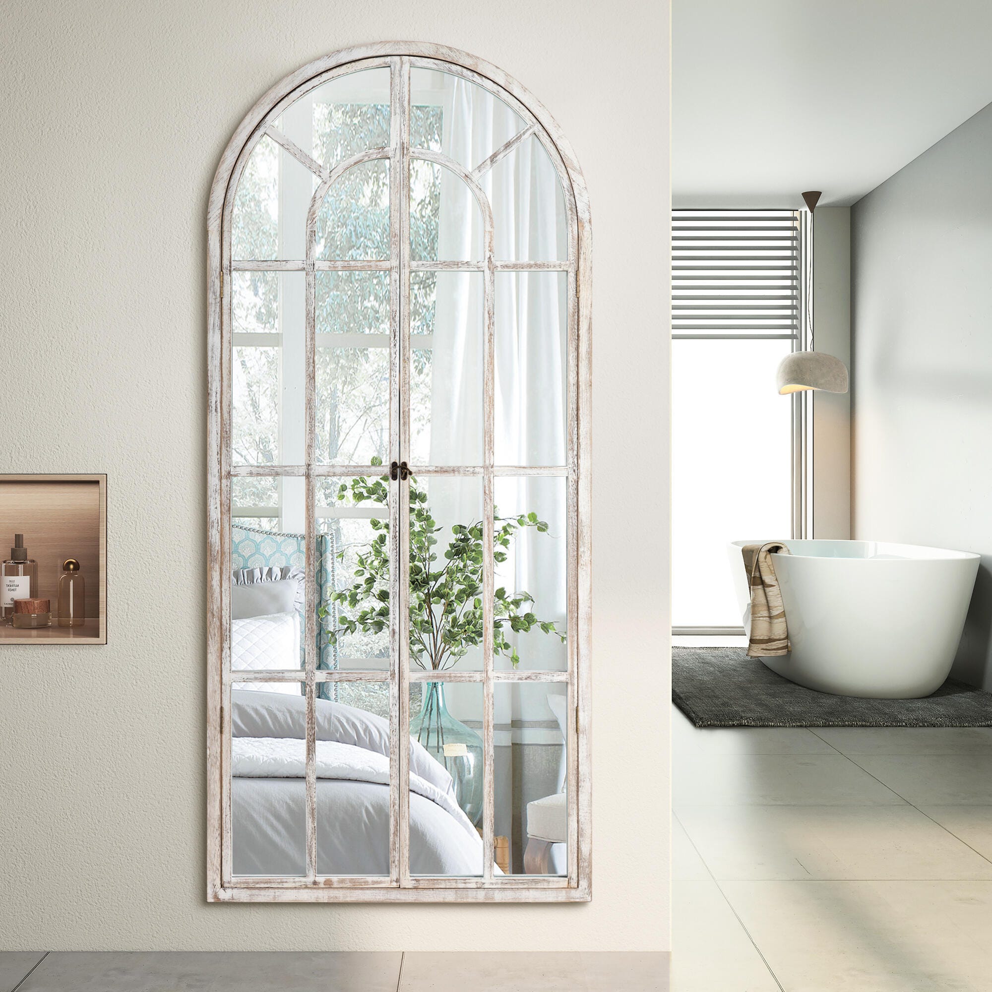 Feronia 31" x 71" Arched Floor Mirror, Weathered White, large