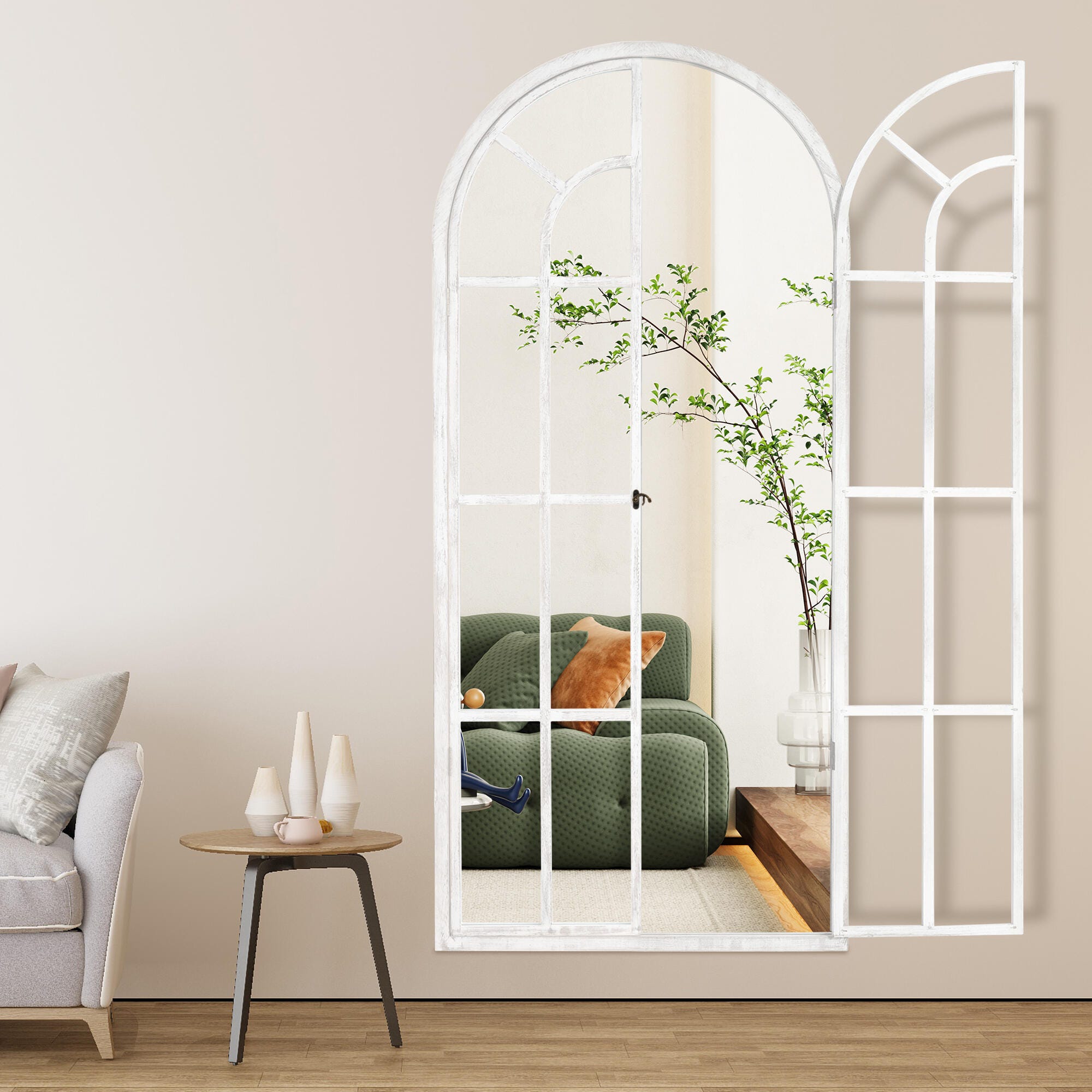 Feronia 31" x 71" Arched Floor Mirror, White, large